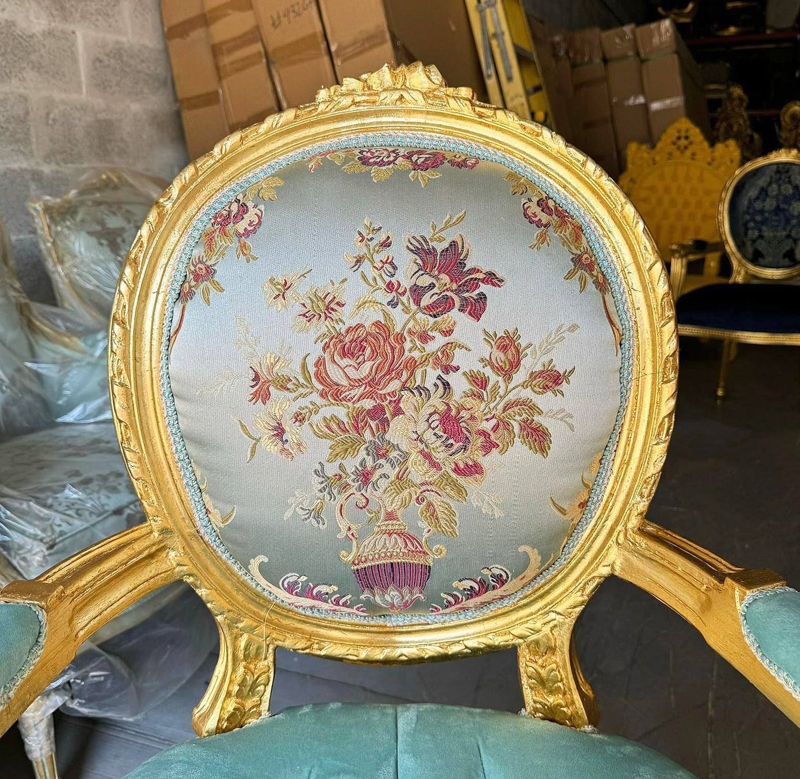 French Style Sky Blue Velvet Chair with Gold Details Rococo Baroque