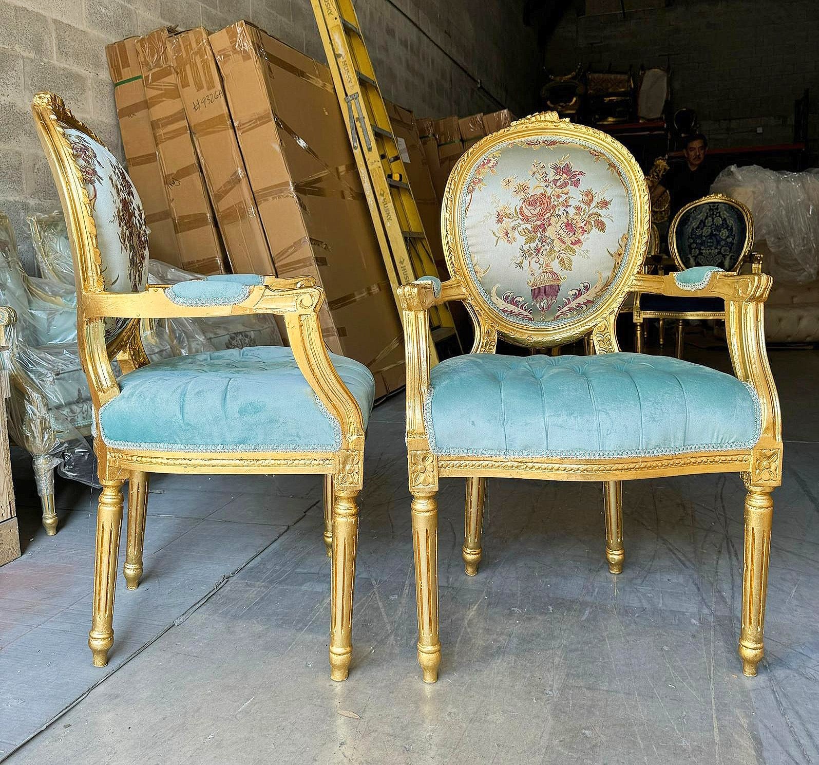 French Style Sky Blue Velvet Chair with Gold Details Rococo Baroque
