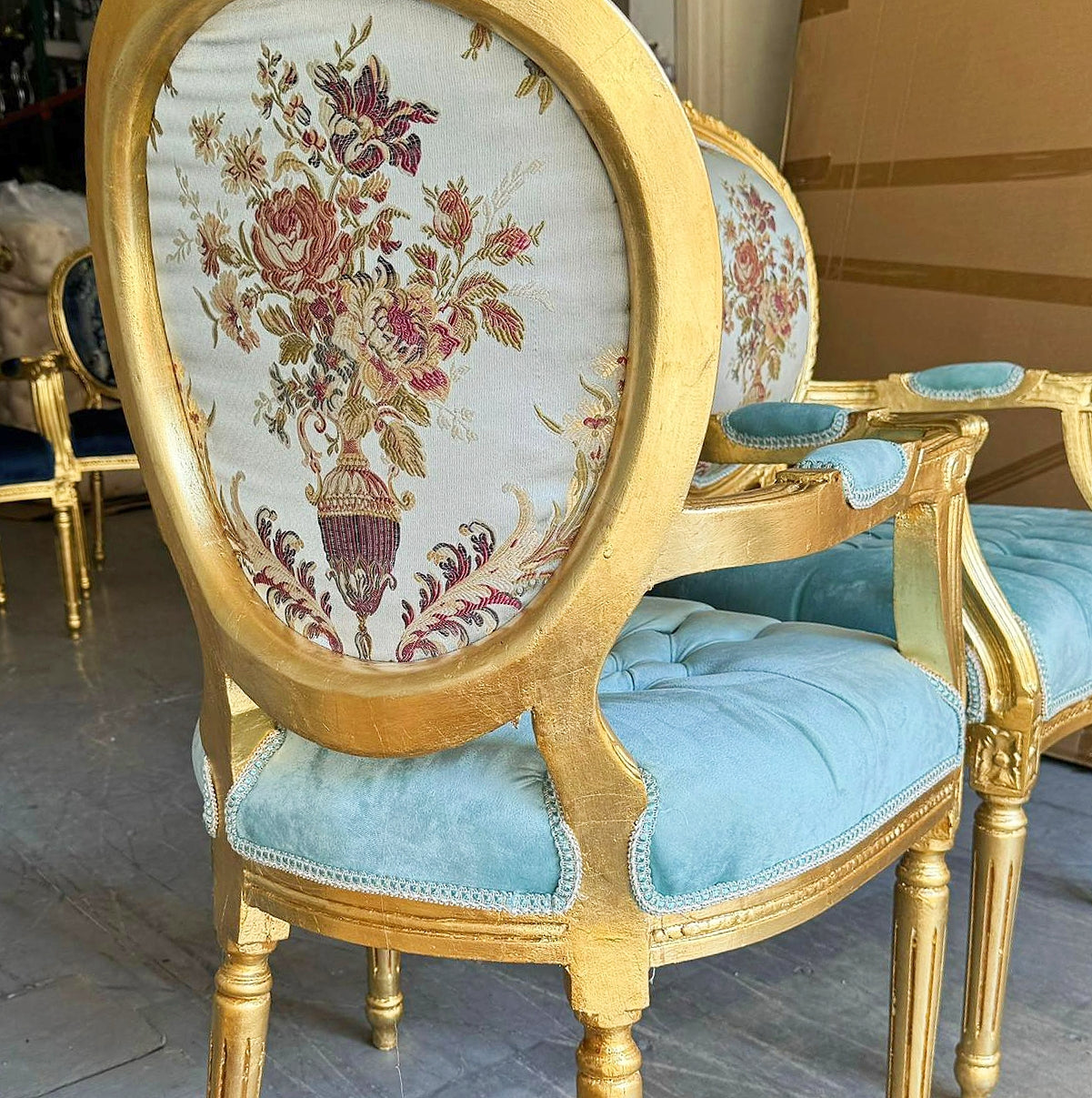 French Style Sky Blue Velvet Chair with Gold Details Rococo Baroque