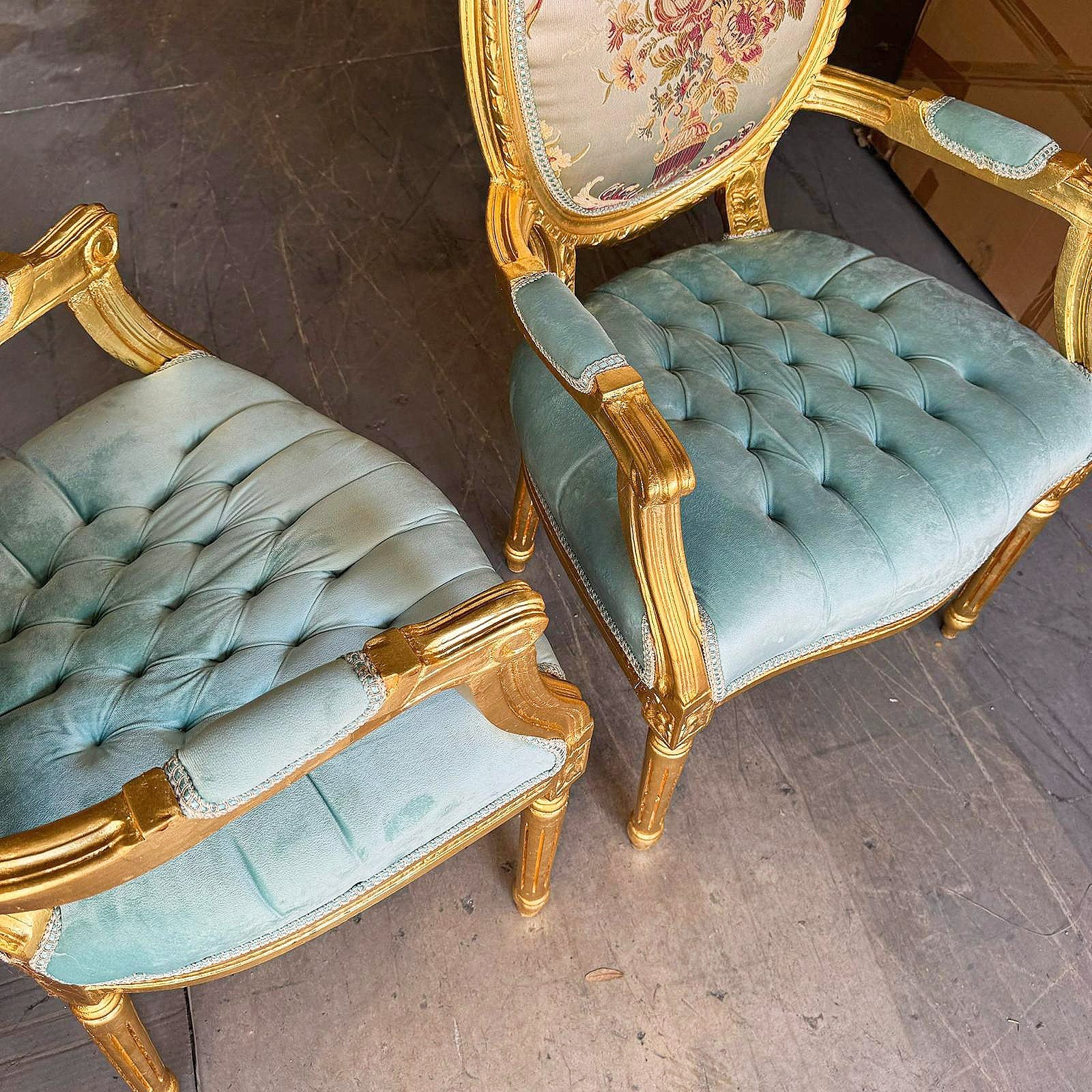 French Style Sky Blue Velvet Chair with Gold Details Rococo Baroque