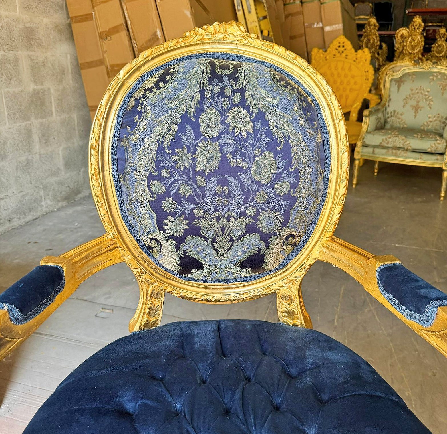 French Style Blue Velvet Chair with Gold Details Rococo Baroque
