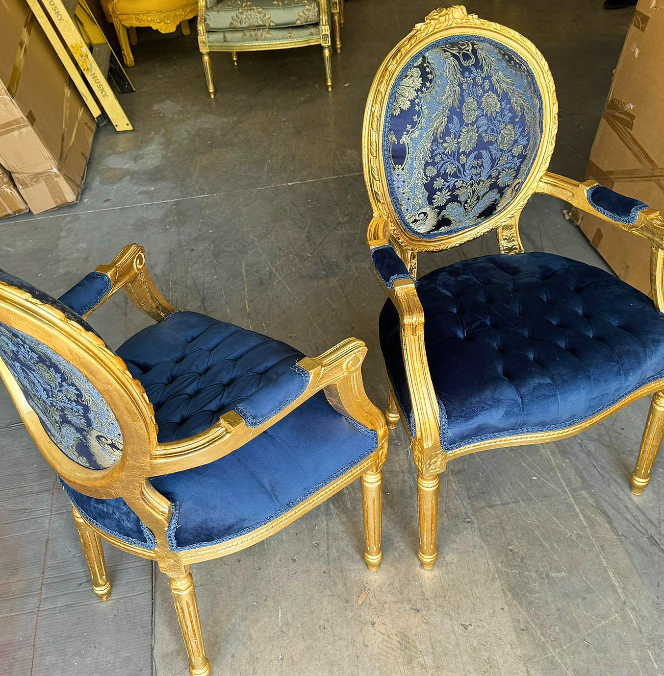 French Style Blue Velvet Chair with Gold Details Rococo Baroque