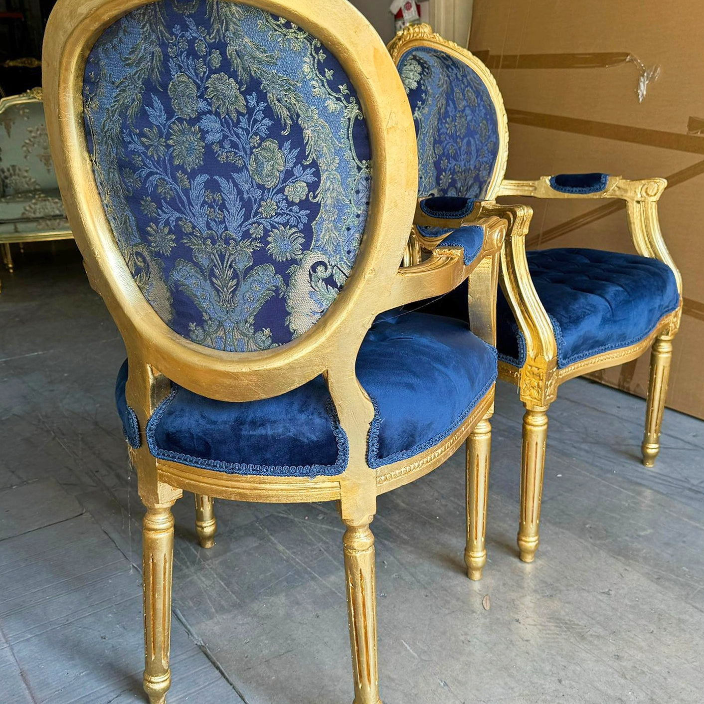 French Style Blue Velvet Chair with Gold Details Rococo Baroque