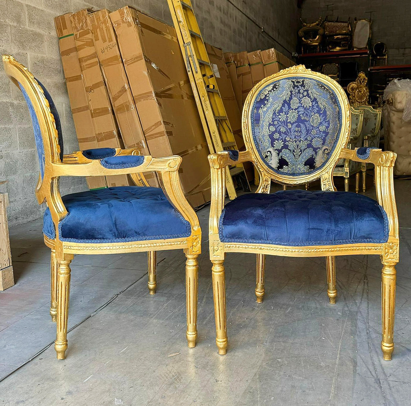 French Style Blue Velvet Chair with Gold Details Rococo Baroque