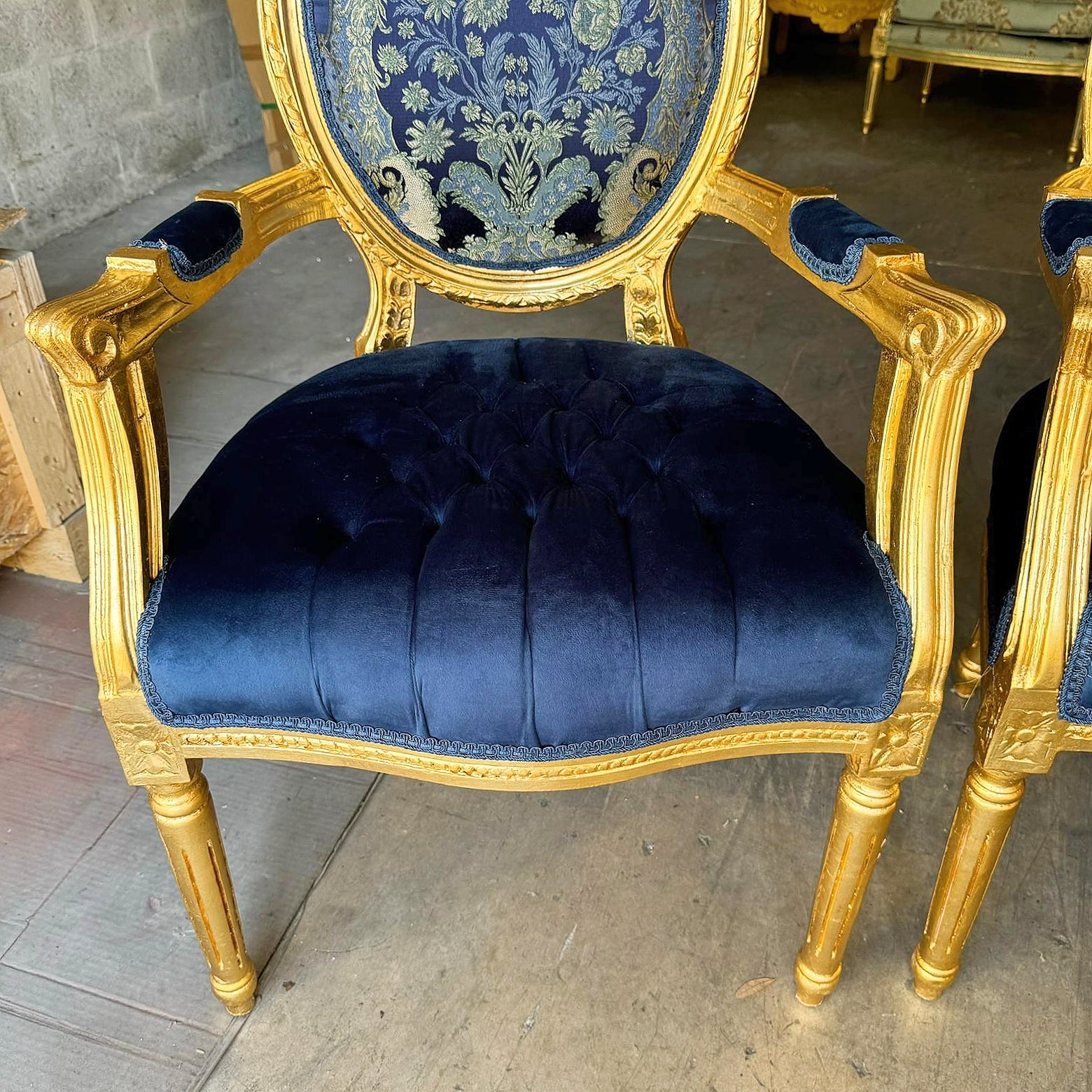 French Style Blue Velvet Chair with Gold Details Rococo Baroque