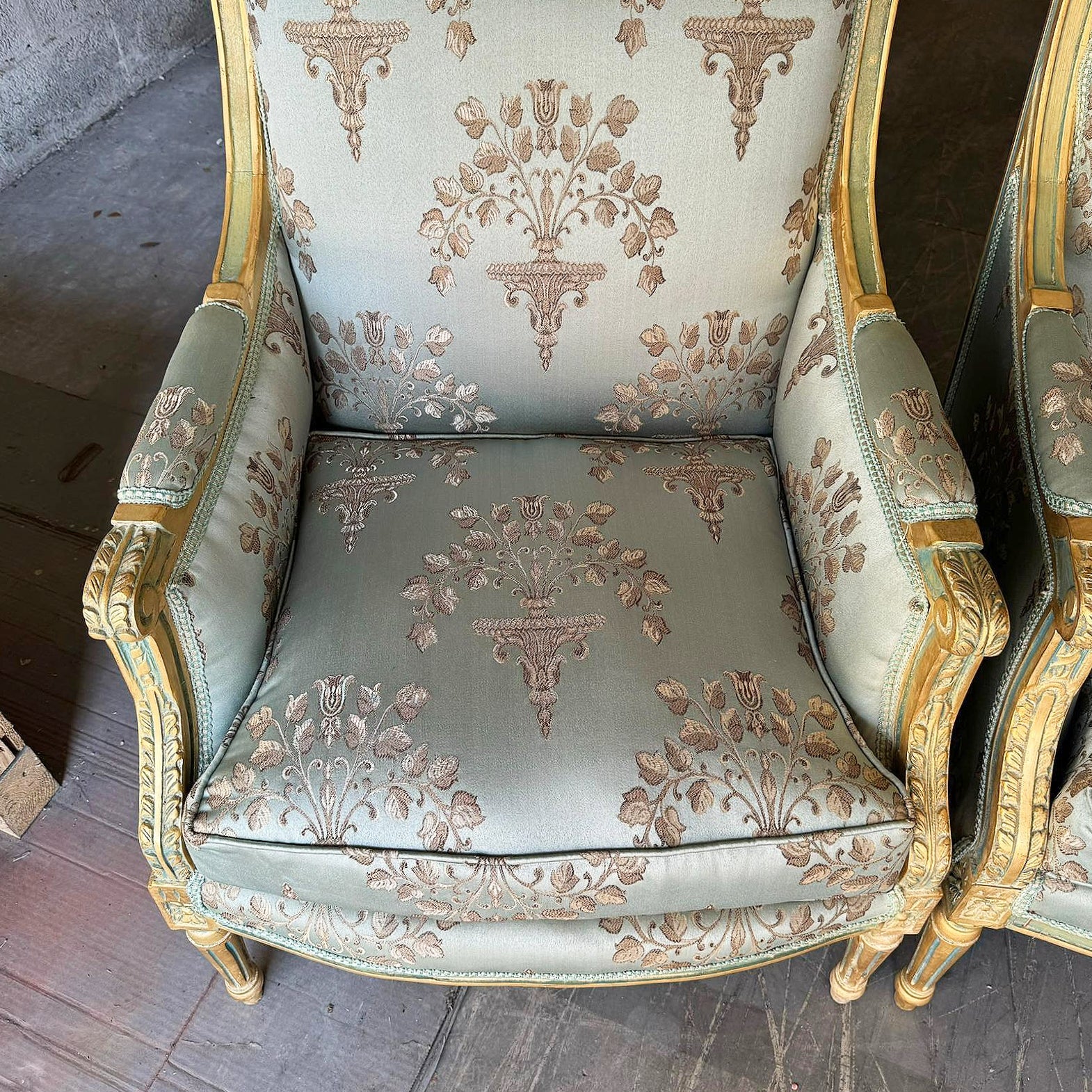 French Louis XV Style Blue Green Bergere Wing Chair with Gold Details