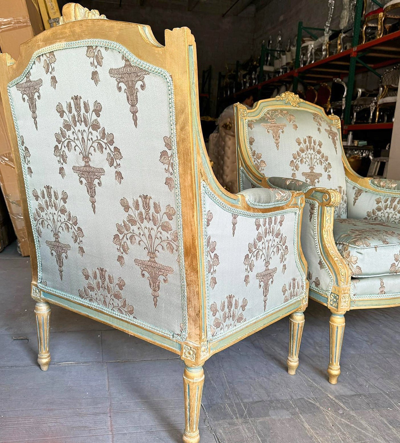 French Louis XV Style Blue Green Bergere Wing Chair with Gold Details