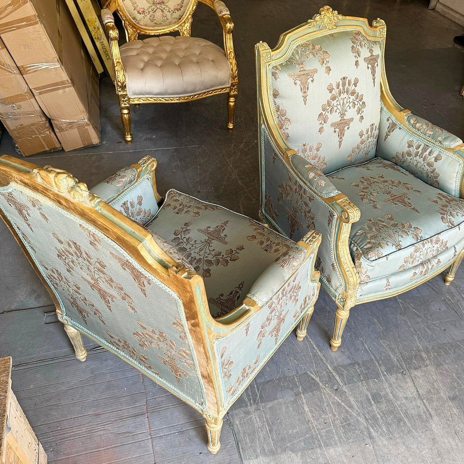 French Louis XV Style Blue Green Bergere Wing Chair with Gold Details