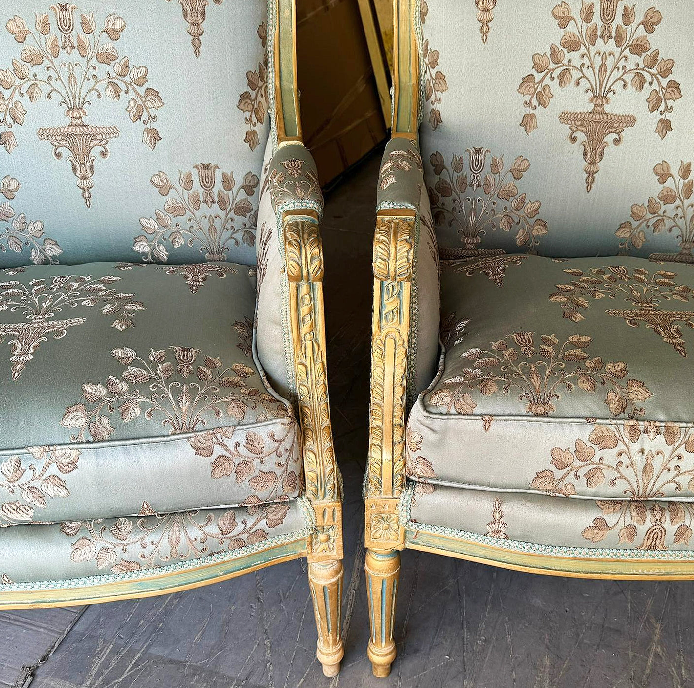 French Louis XV Style Blue Green Bergere Wing Chair with Gold Details