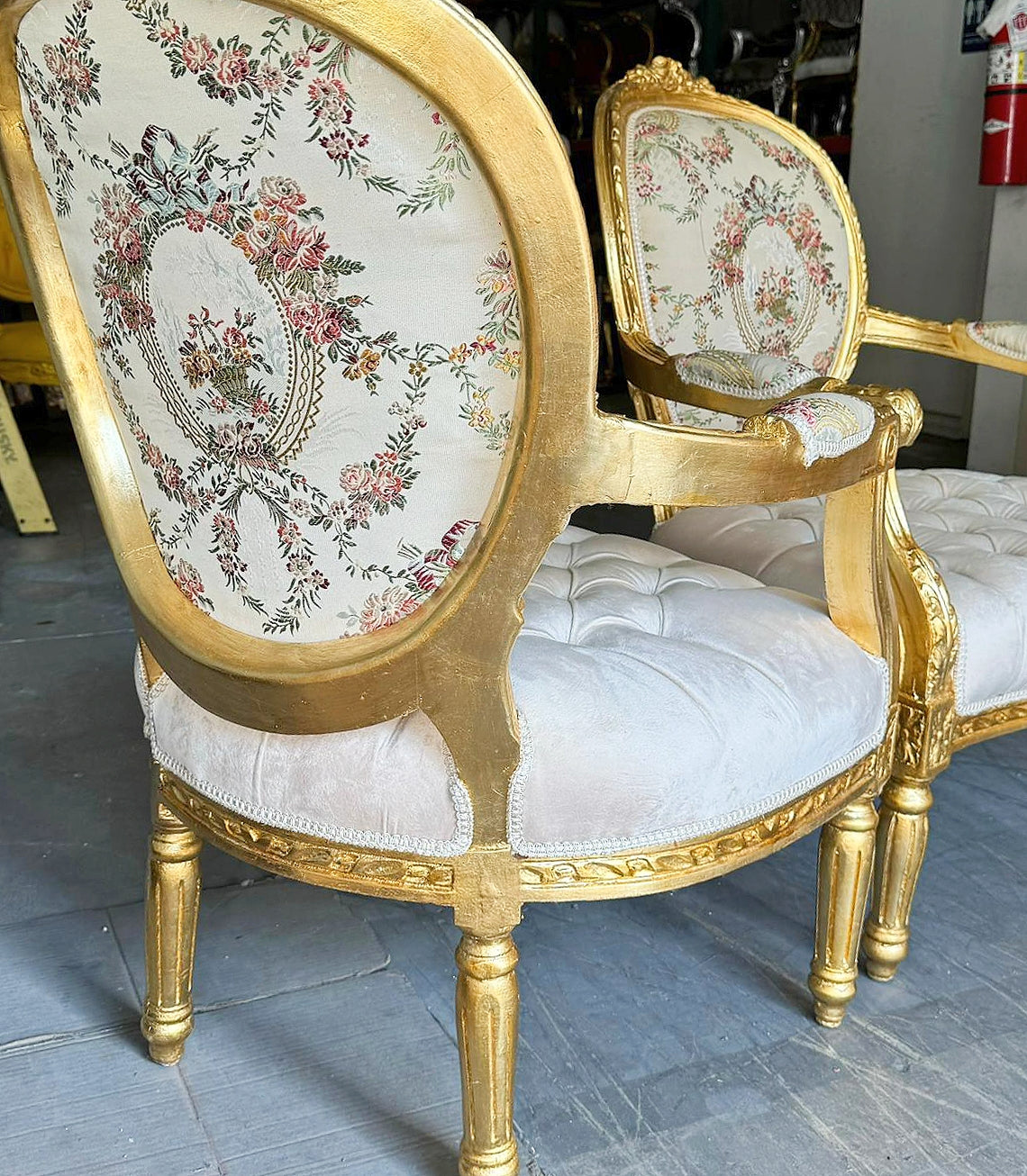 French Style White Velvet Chair with Gold Details Rococo Baroque