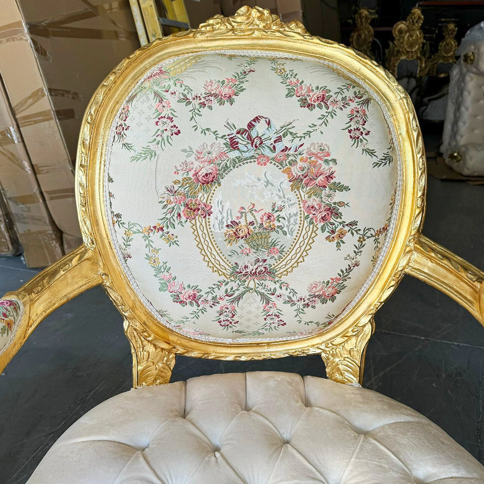 French Style White Velvet Chair with Gold Details Rococo Baroque