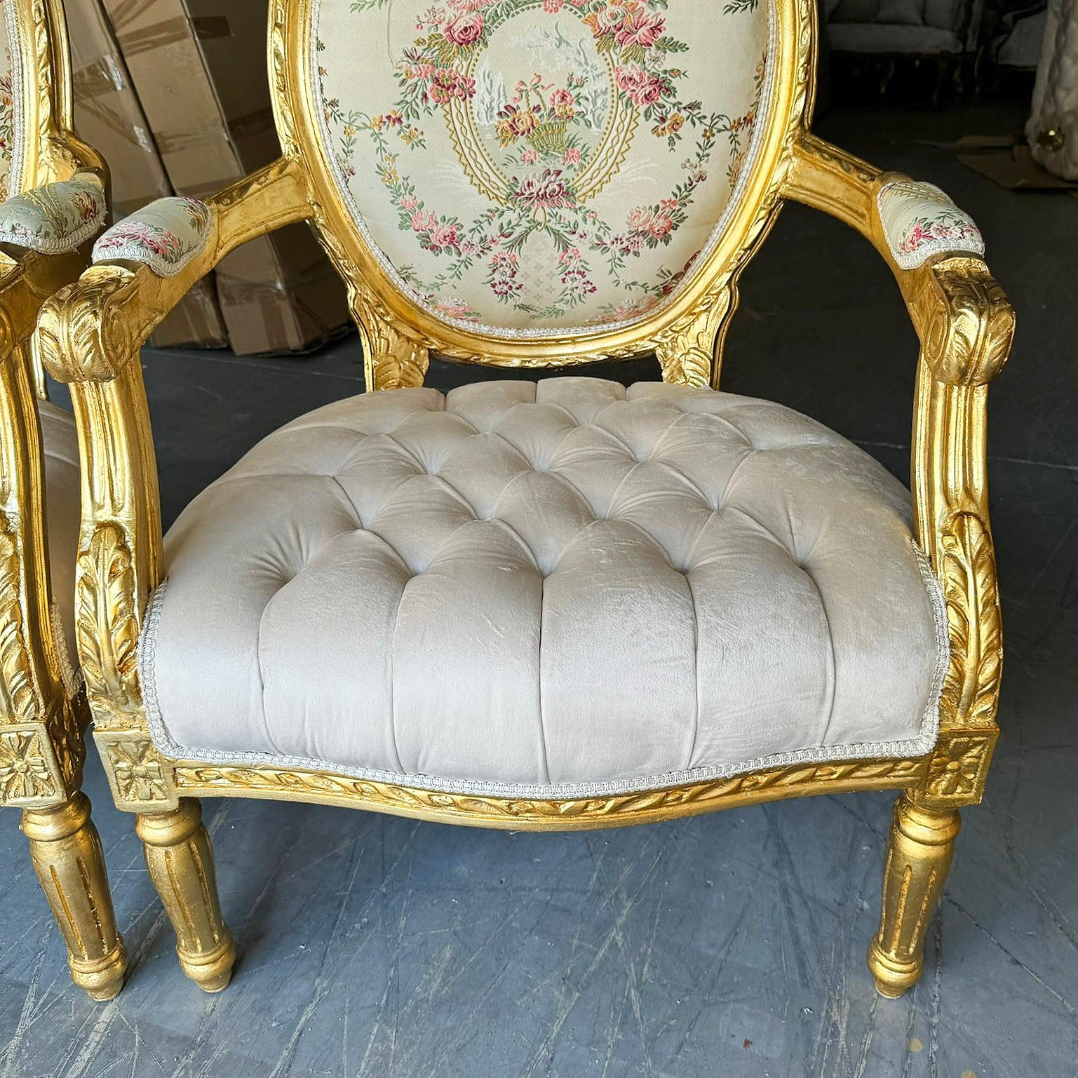 French Style White Velvet Chair with Gold Details Rococo Baroque