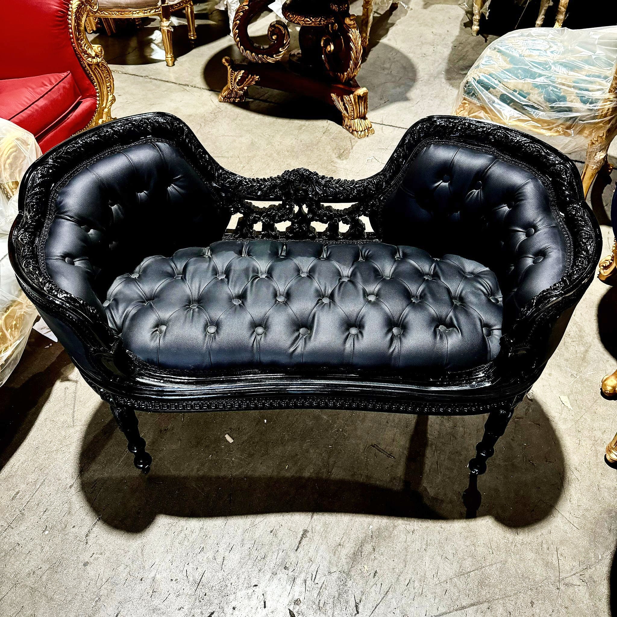 Tufted Bench Black Leather French Style Black Details Rococo Baroque Furniture