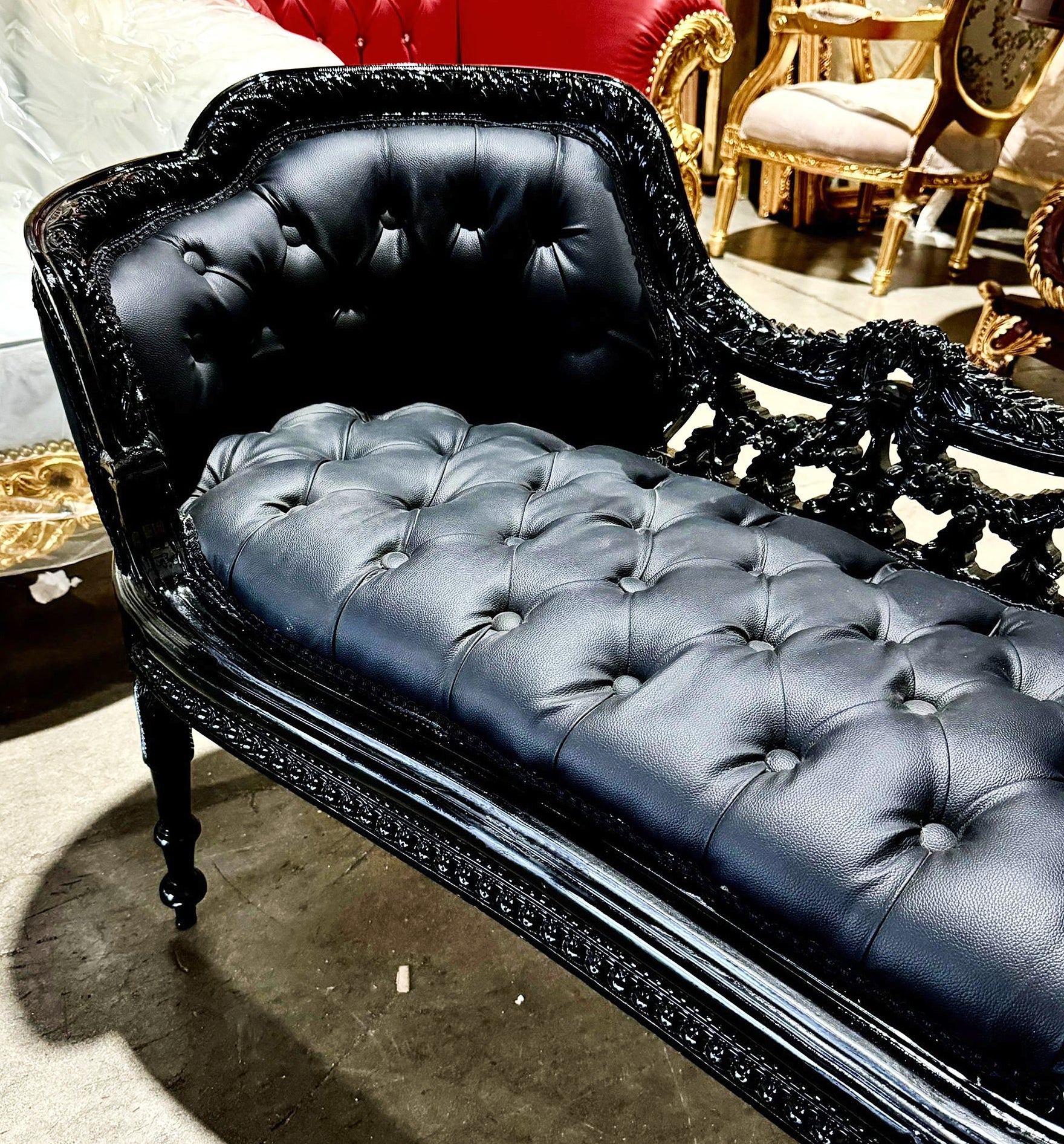 Tufted Bench Black Leather French Style Black Details Rococo Baroque Furniture