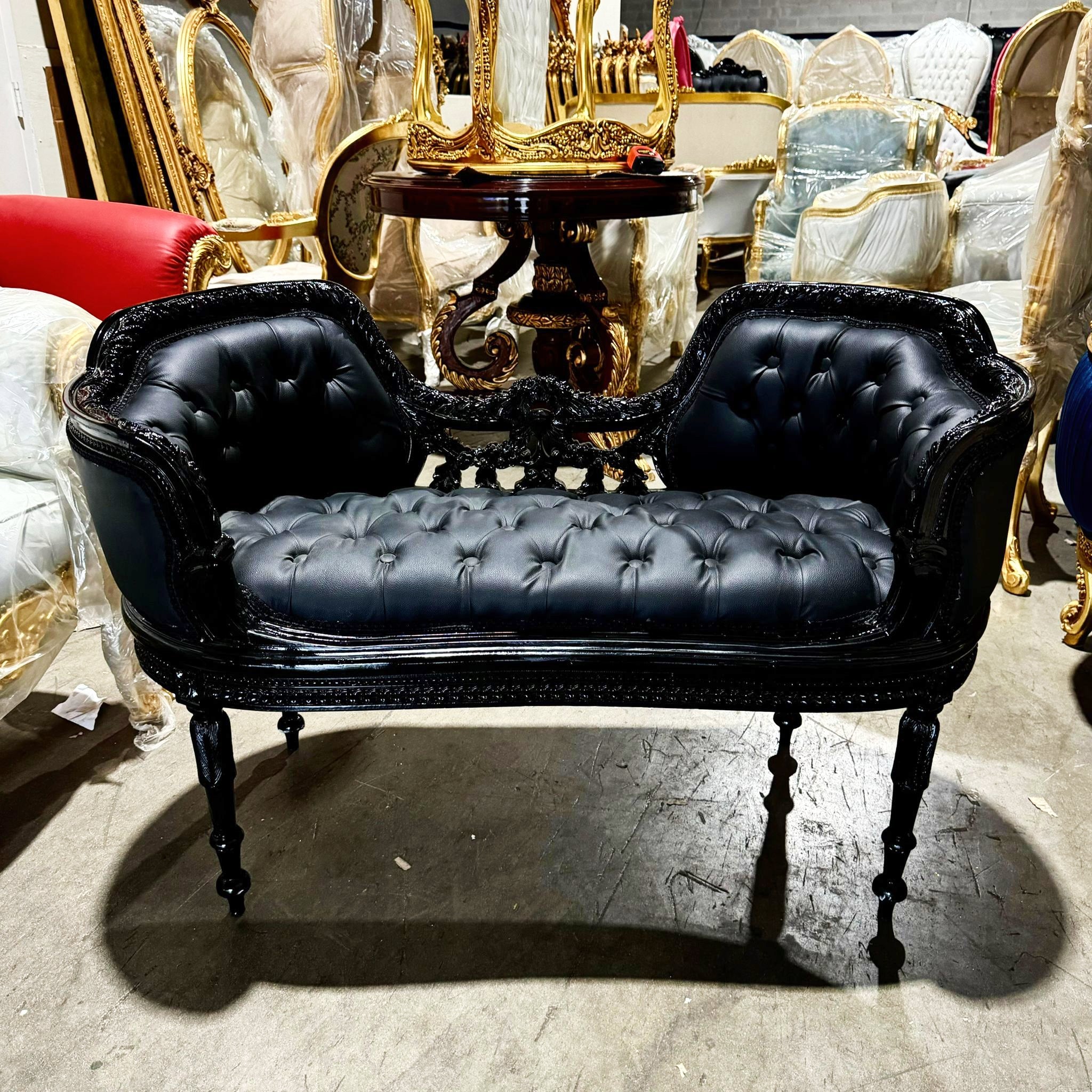Tufted Bench Black Leather French Style Black Details Rococo Baroque Furniture