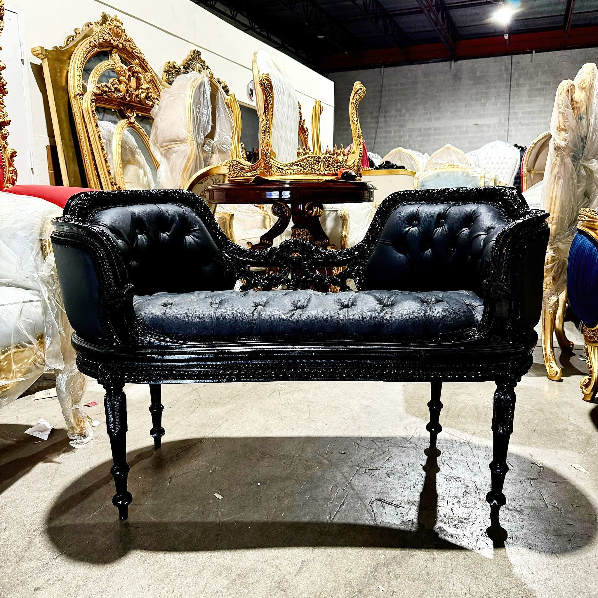 Tufted Bench Black Leather French Style Black Details Rococo Baroque Furniture