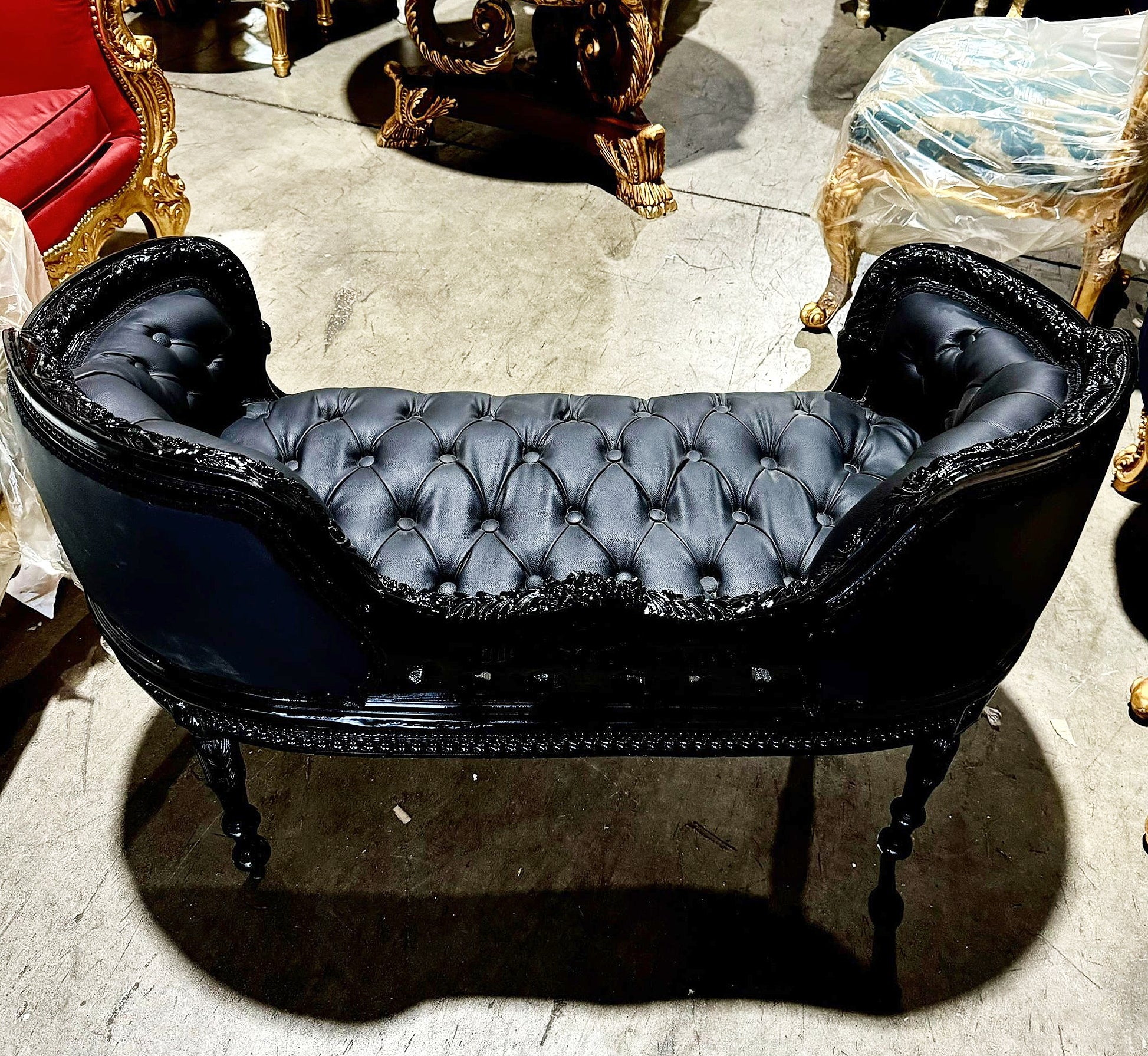 Tufted Bench Black Leather French Style Black Details Rococo Baroque Furniture