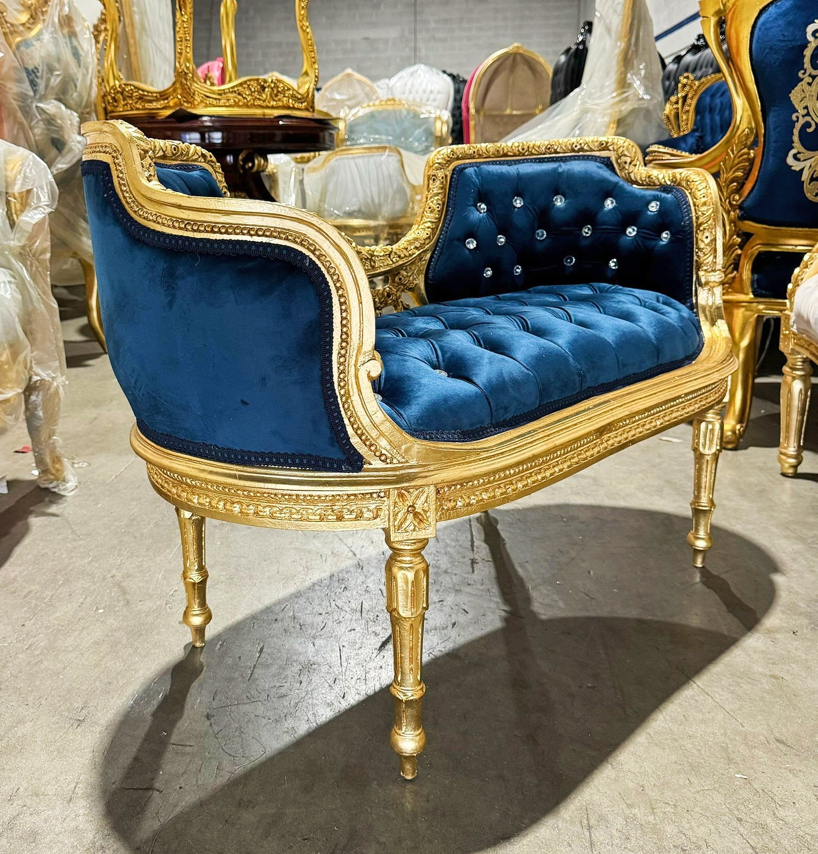 Blue Velvet Tufted Bench – French Rococo Baroque Style with Gold Leaf Frame