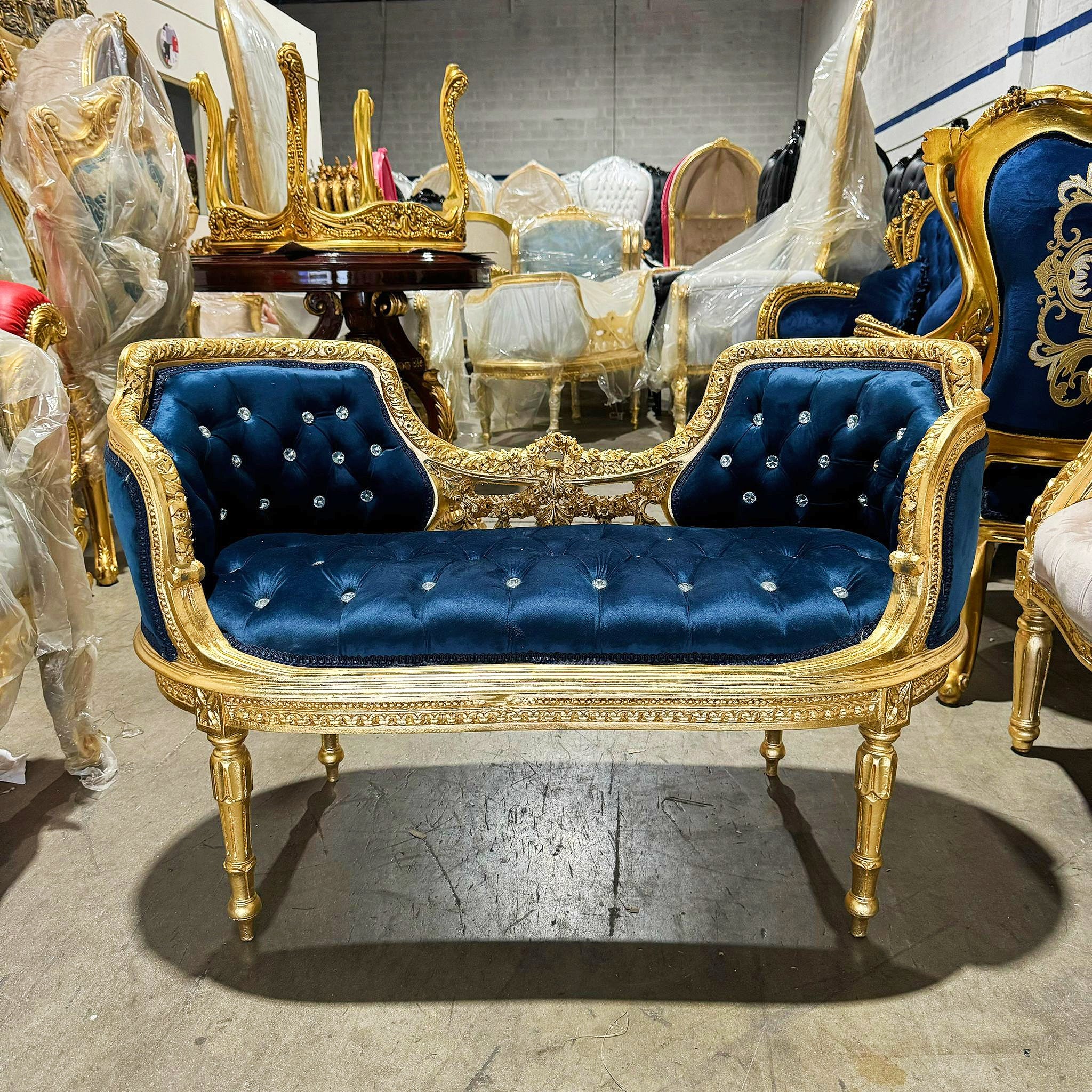 Blue Velvet Tufted Bench – French Rococo Baroque Style with Gold Leaf Frame