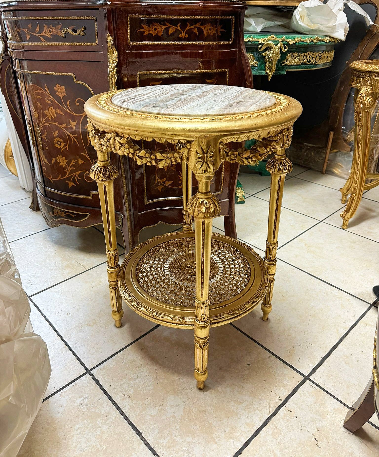Side Table Beige Marble Topped French Style Gold Leaf Details