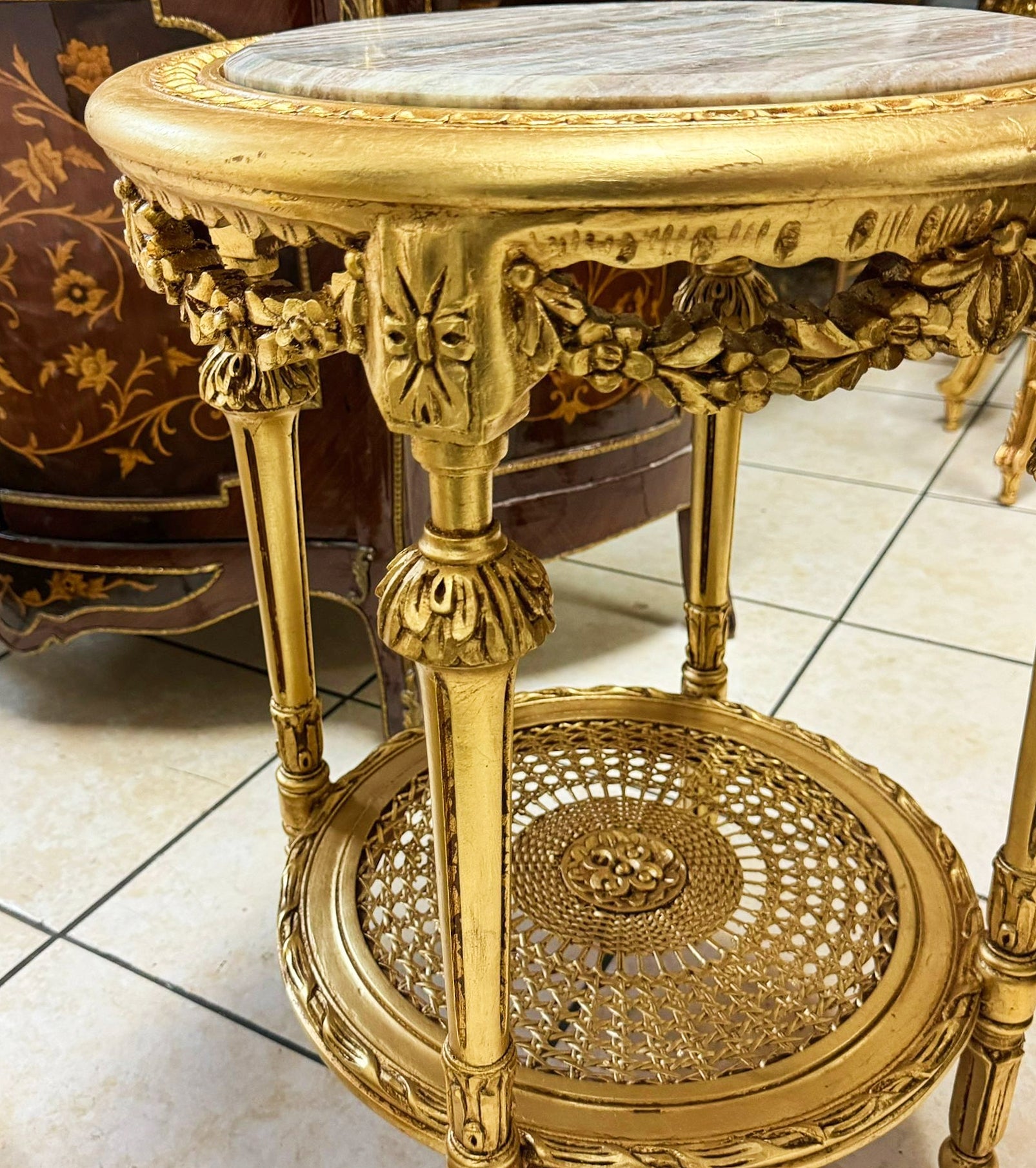 Side Table Beige Marble Topped French Style Gold Leaf Details