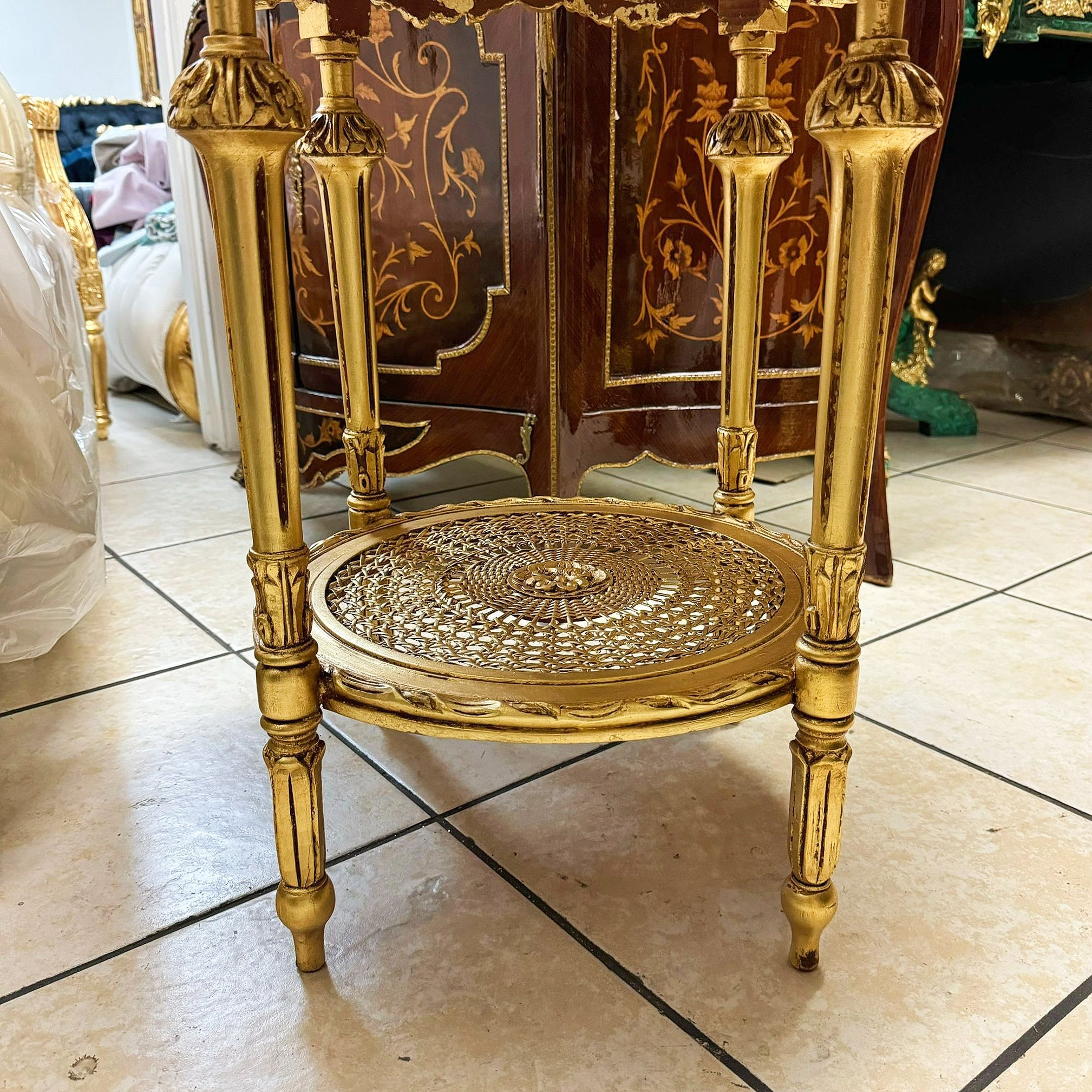 Side Table Beige Marble Topped French Style Gold Leaf Details