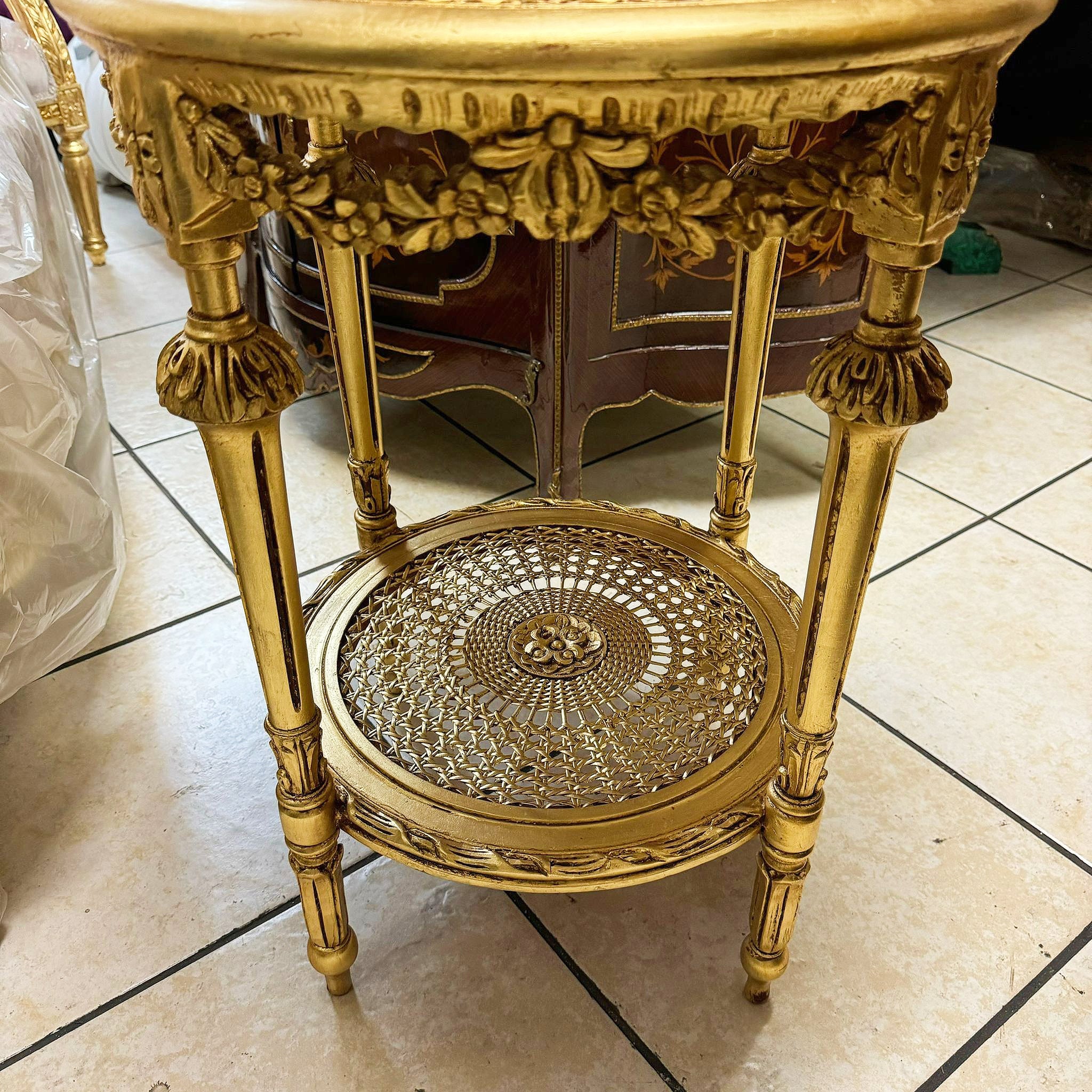 Side Table Beige Marble Topped French Style Gold Leaf Details