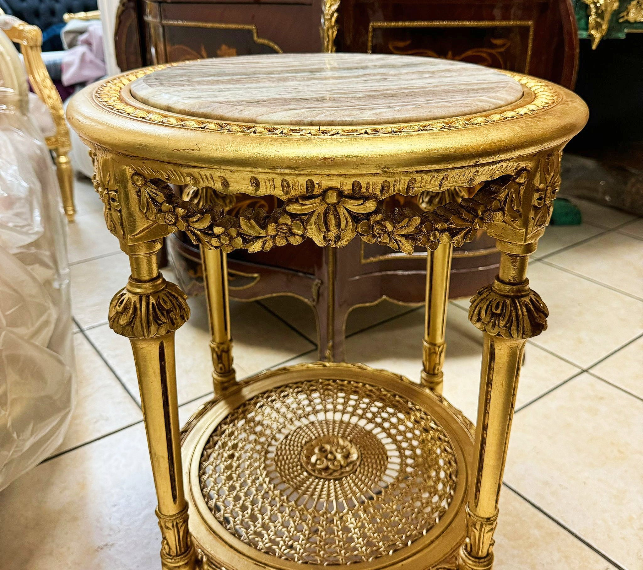 Side Table Beige Marble Topped French Style Gold Leaf Details