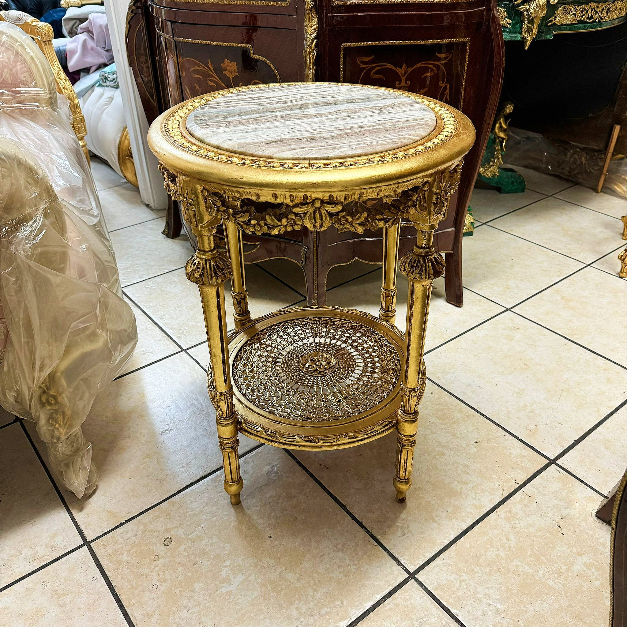 Side Table Beige Marble Topped French Style Gold Leaf Details