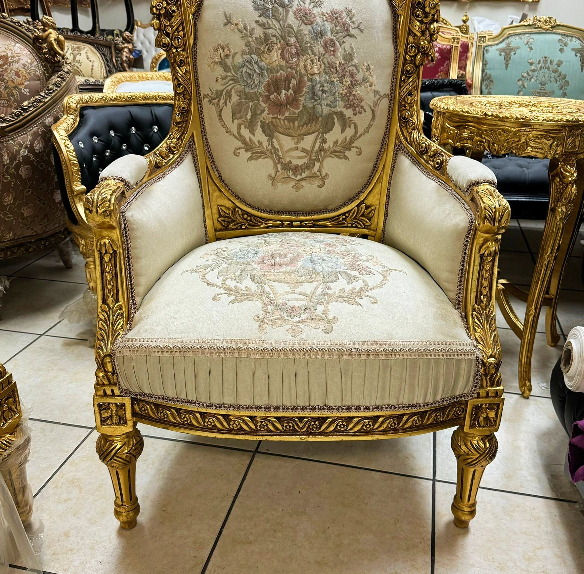 Rococo Style Beige Armchair with Gold Leaf Details – French Luxury Furniture