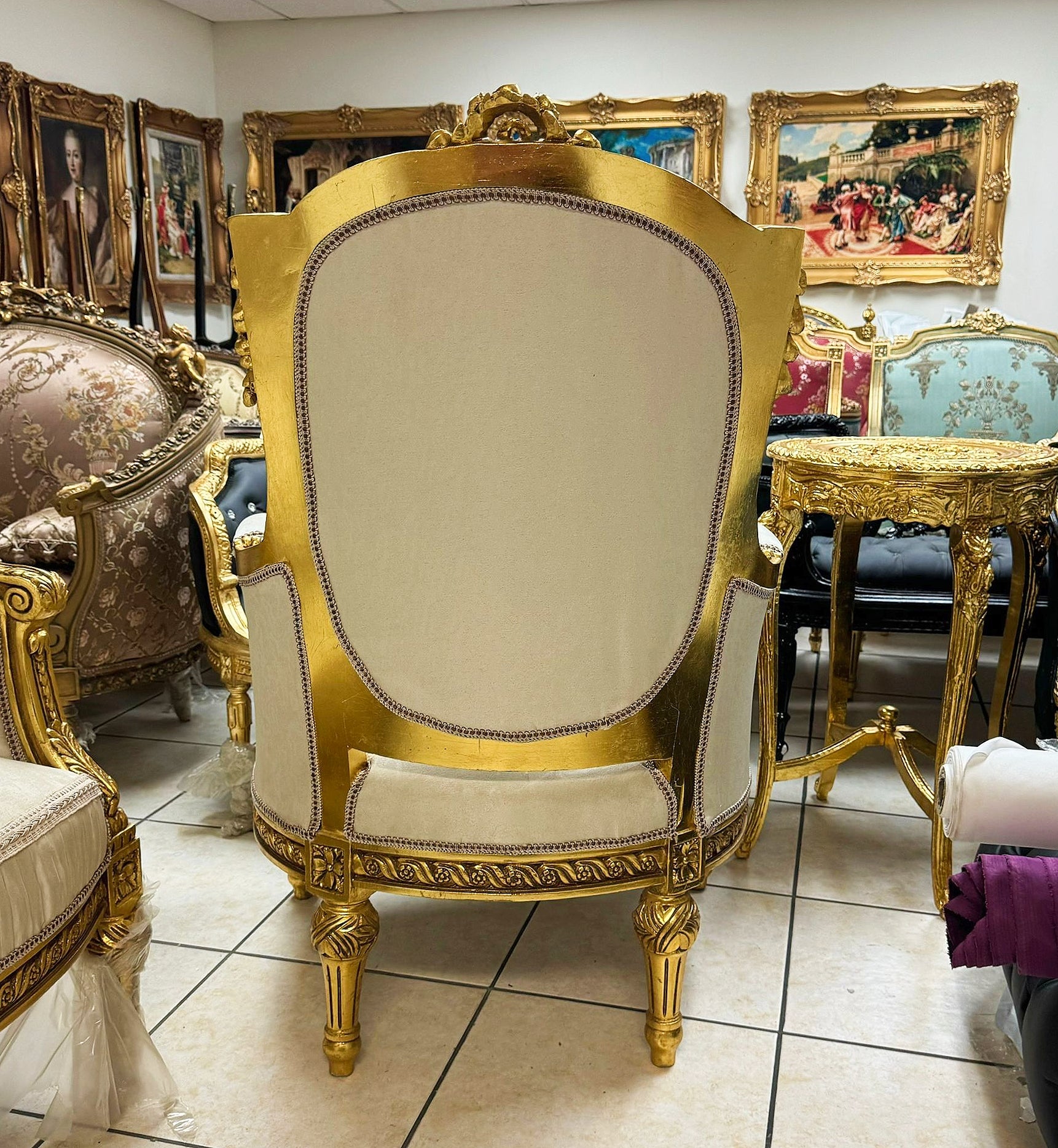 Rococo Style Beige Armchair with Gold Leaf Details – French Luxury Furniture
