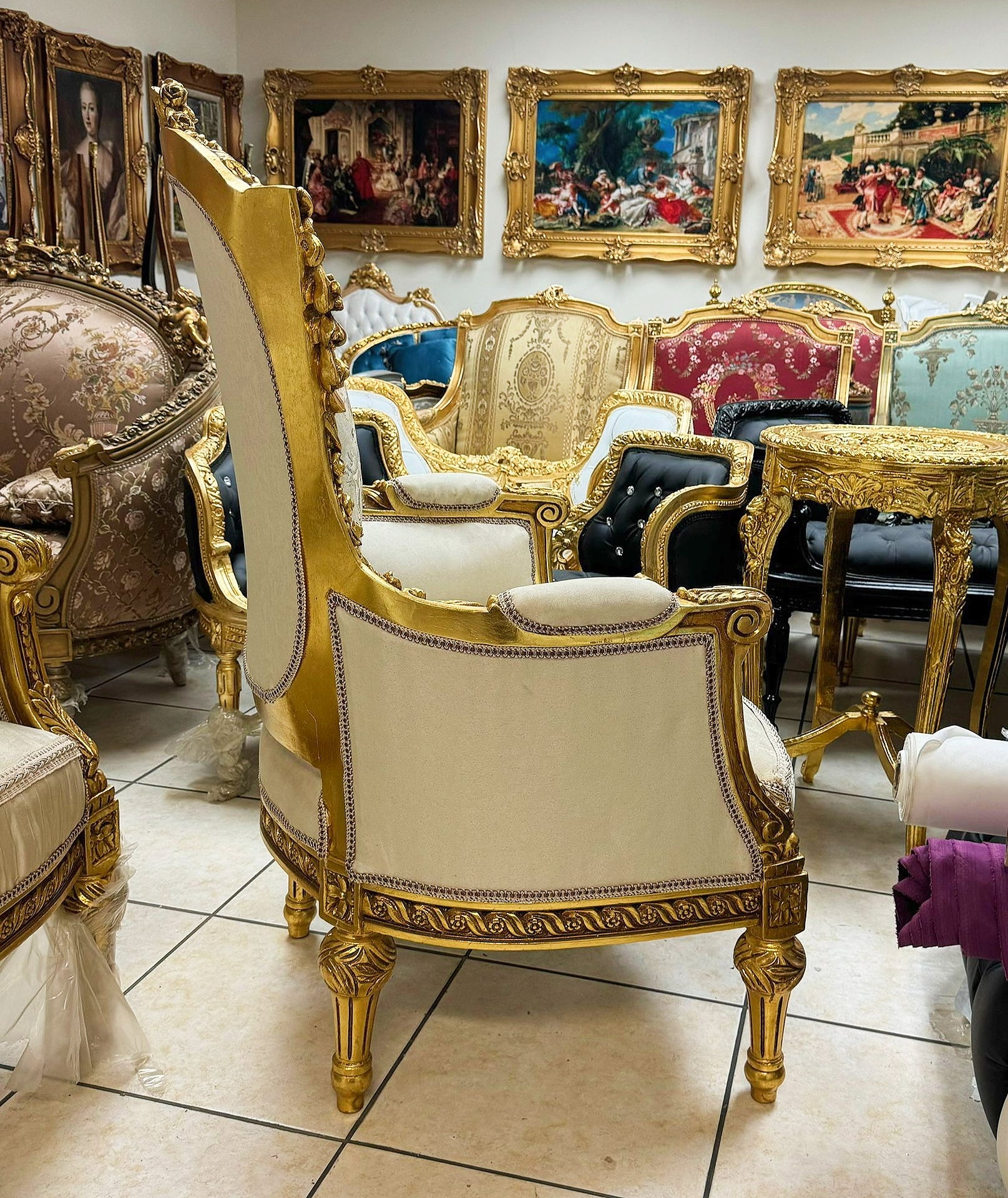 Rococo Style Beige Armchair with Gold Leaf Details – French Luxury Furniture