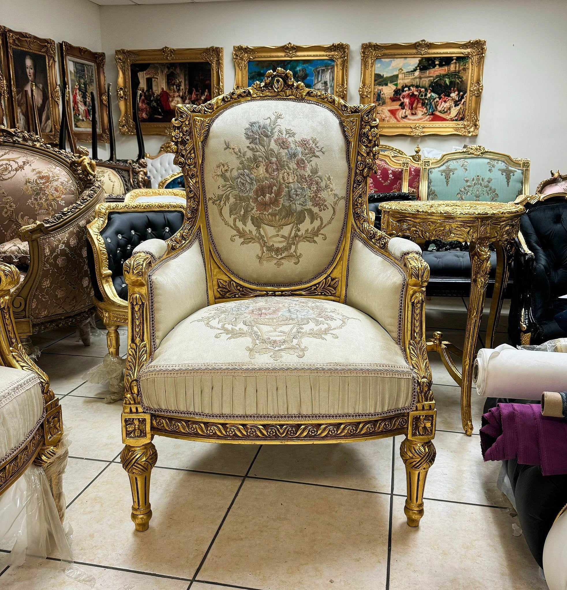 Rococo Style Beige Armchair with Gold Leaf Details – French Luxury Furniture