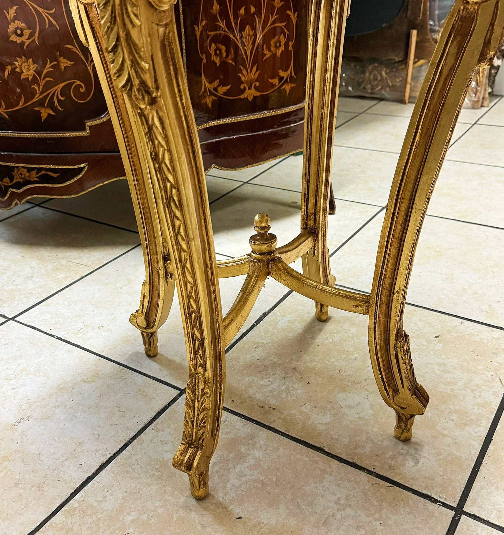 French Style Side Table Beige Marble Topped Gold Leaf Details Furniture Table