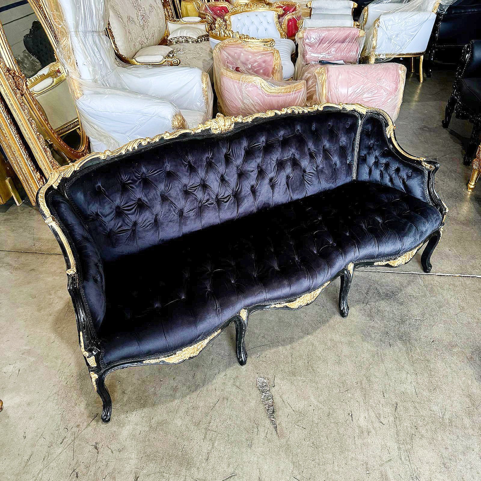 Gothic Style Black Velvet Sofa Interior Design Gold Leaf Details French