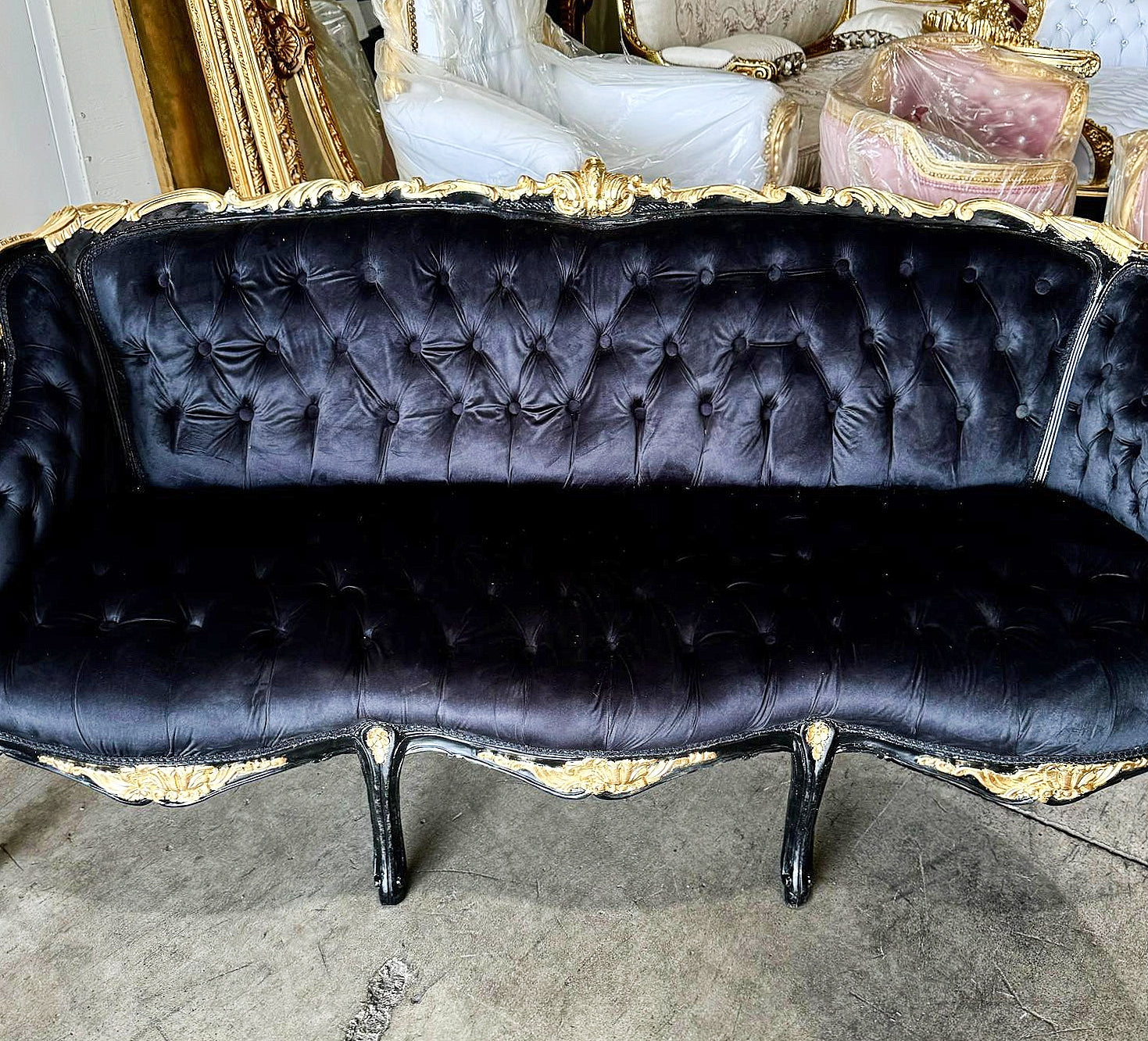 Gothic Style Black Velvet Sofa Interior Design Gold Leaf Details French