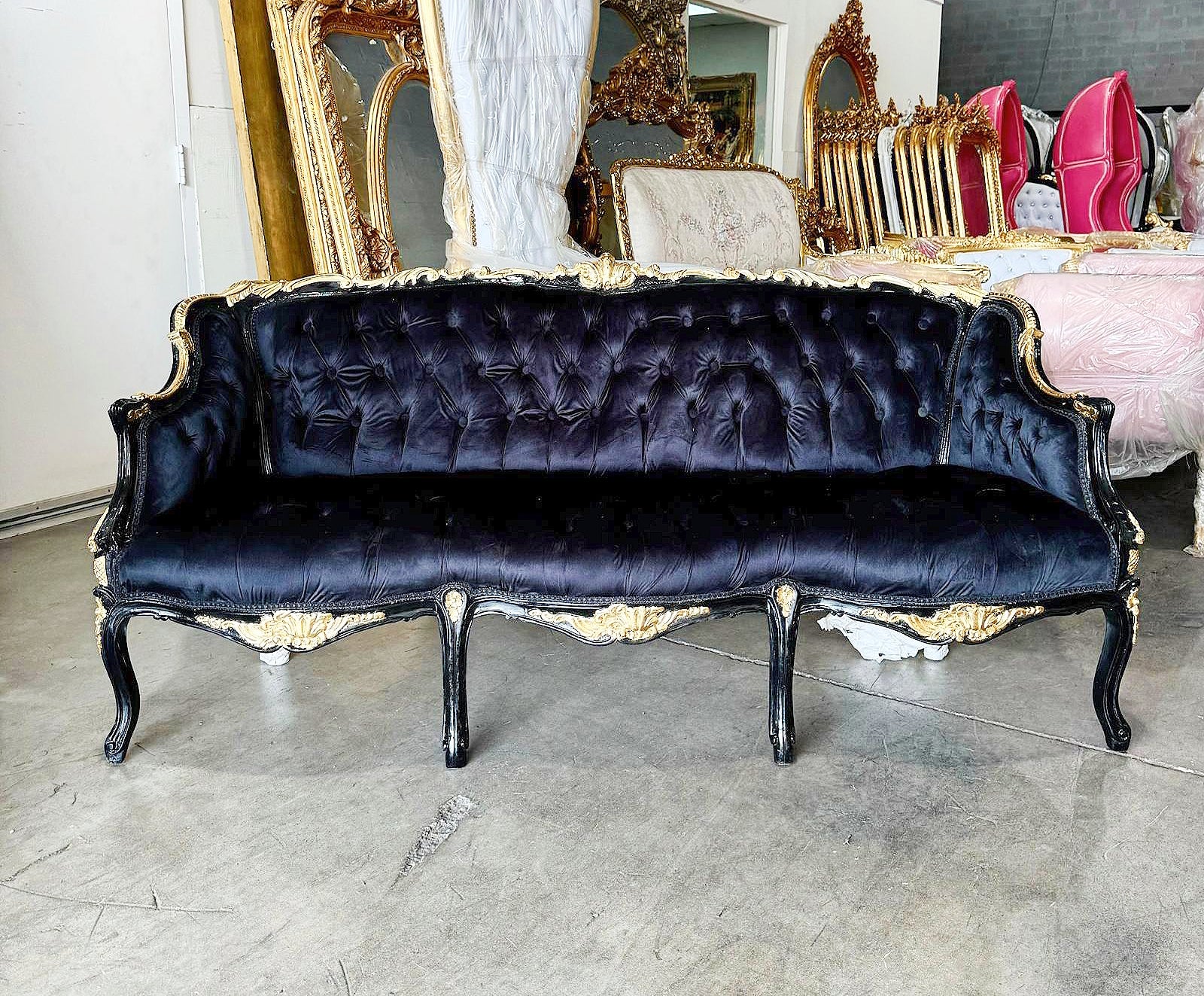 Gothic Style Black Velvet Sofa Interior Design Gold Leaf Details French