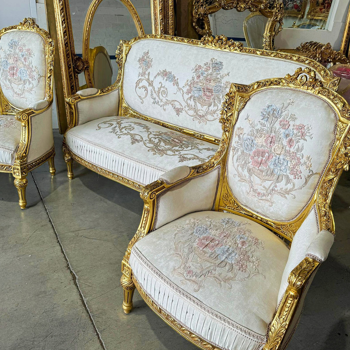 French Louis XVI Style Living Room Set – Gilded Gold Leaf Sofa & 2 Armchairs with White Damask Upholstery