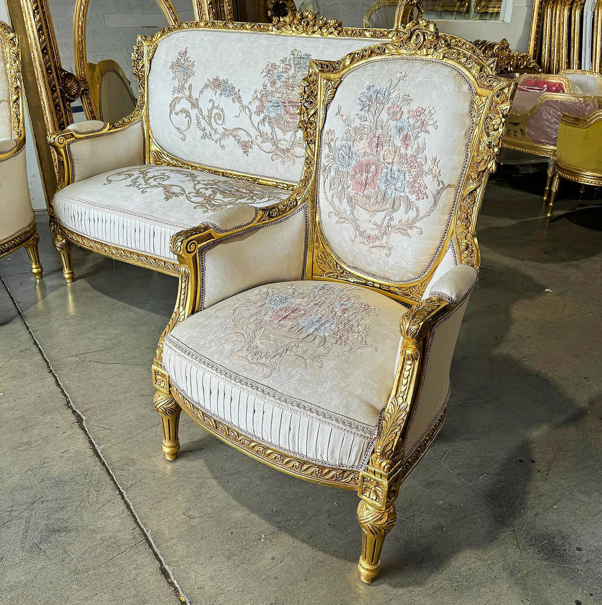 French Louis XVI Style Living Room Set – Gilded Gold Leaf Sofa & 2 Armchairs with White Damask Upholstery