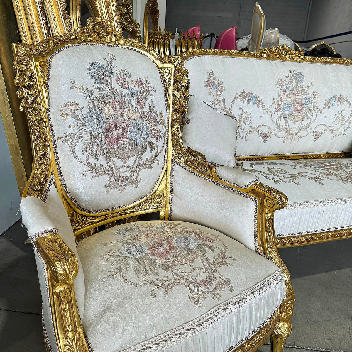 French Louis XVI Style Living Room Set – Gilded Gold Leaf Sofa & 2 Armchairs with White Damask Upholstery