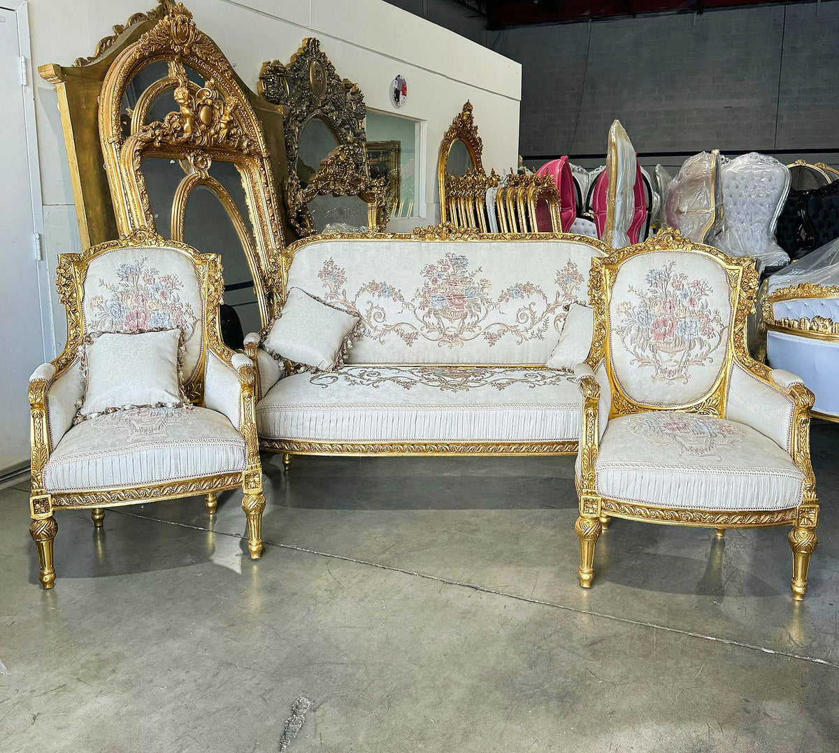 French Louis XVI Style Living Room Set – Gilded Gold Leaf Sofa & 2 Armchairs with White Damask Upholstery