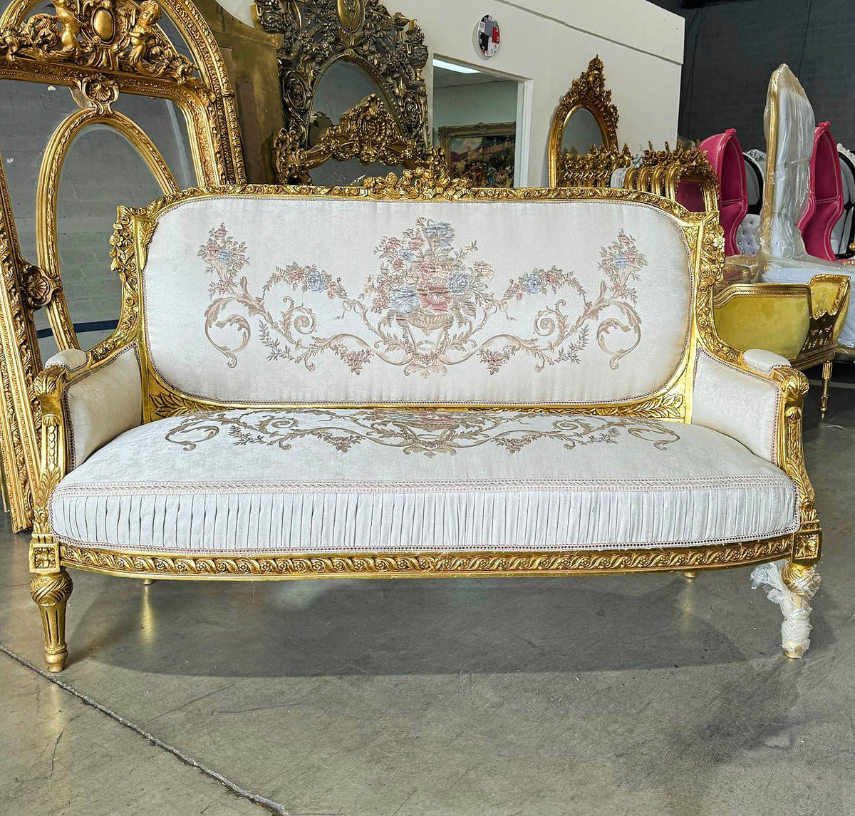 French Louis XVI Style Living Room Set – Gilded Gold Leaf Sofa & 2 Armchairs with White Damask Upholstery