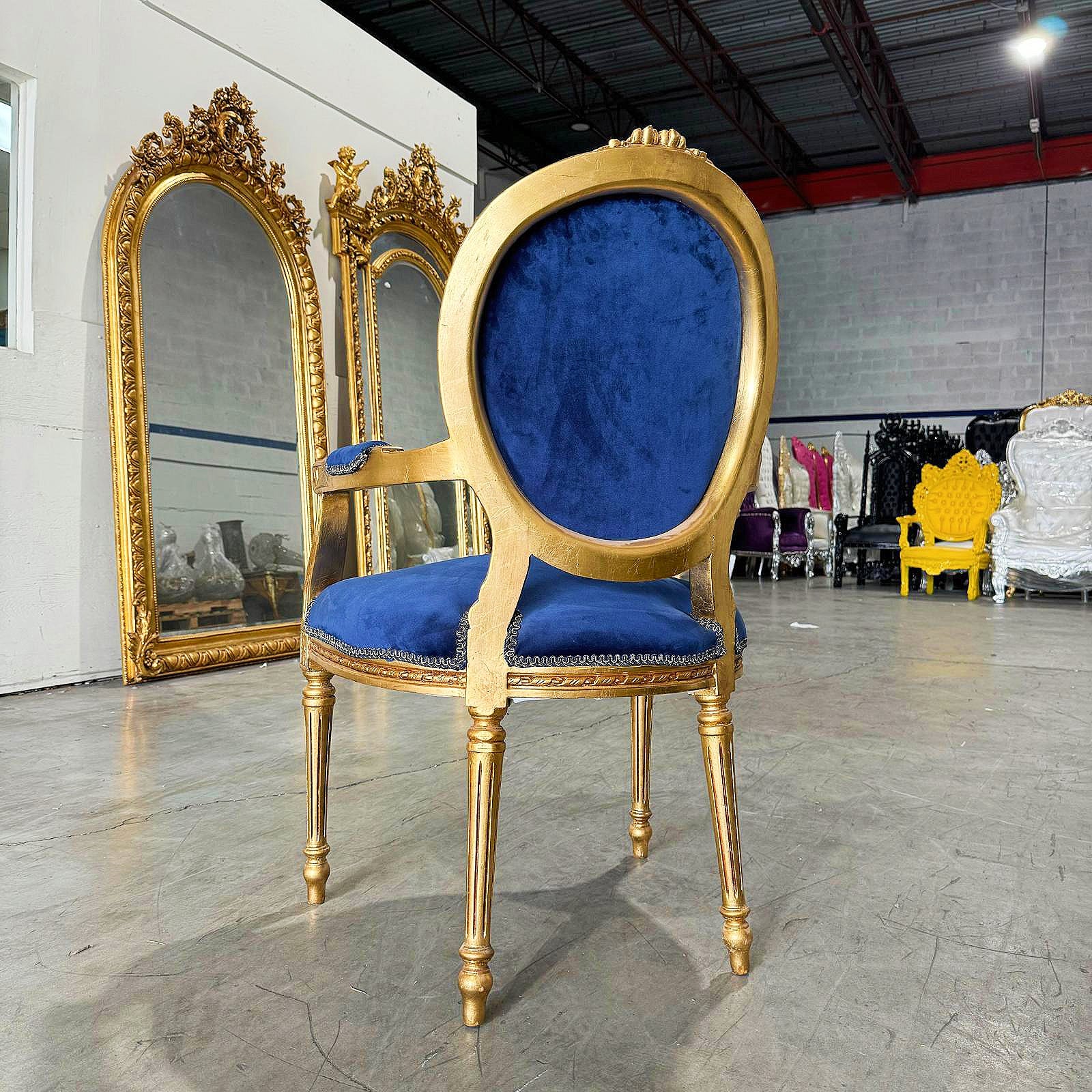 French Style Tufted Blue Velvet Chair with Gold Details Rococo Baroque