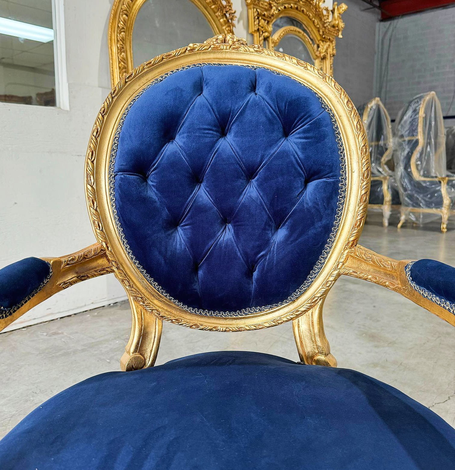French Style Tufted Blue Velvet Chair with Gold Details Rococo Baroque