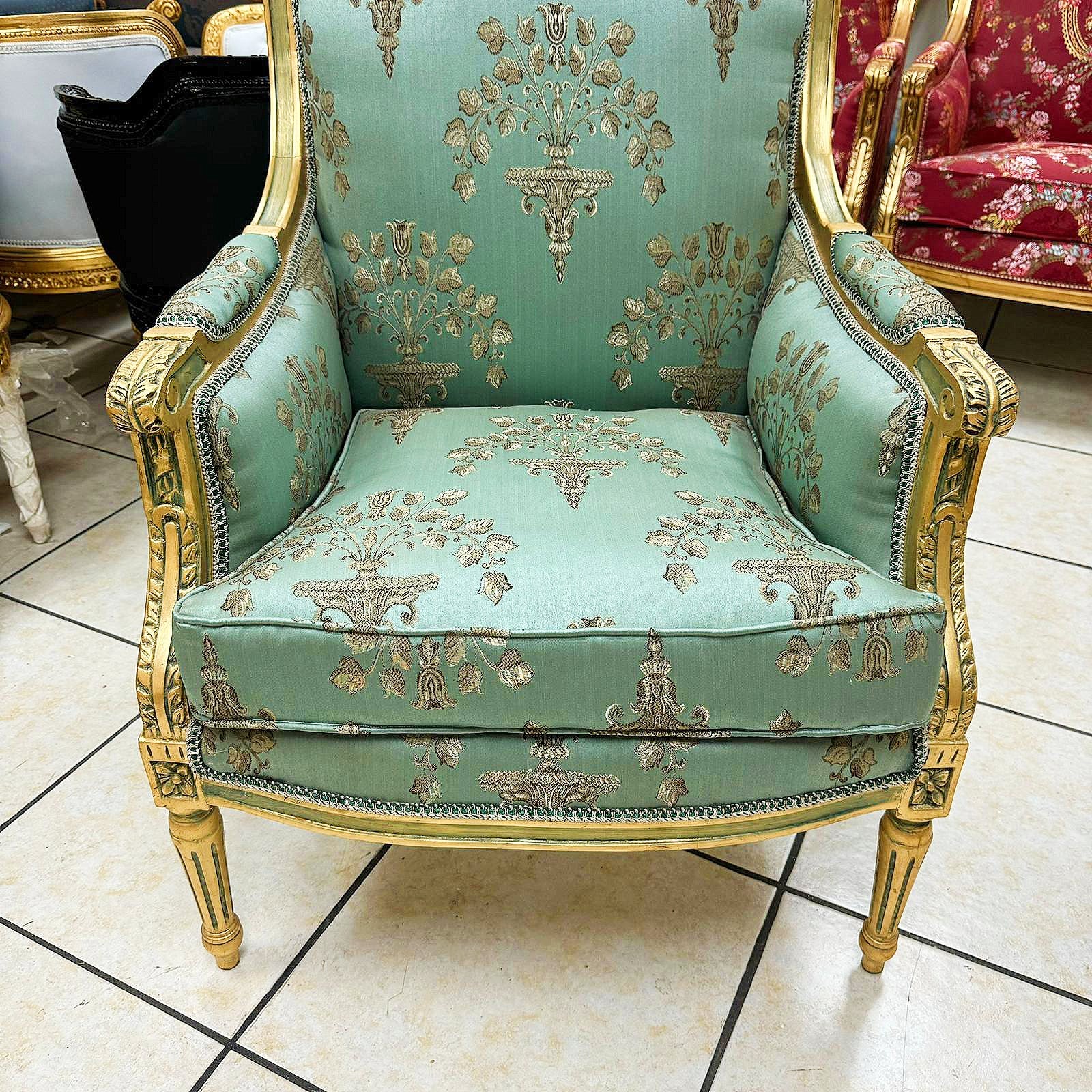 French Louis XV Style Blue Green Bergere Wing Chair with Gold Details