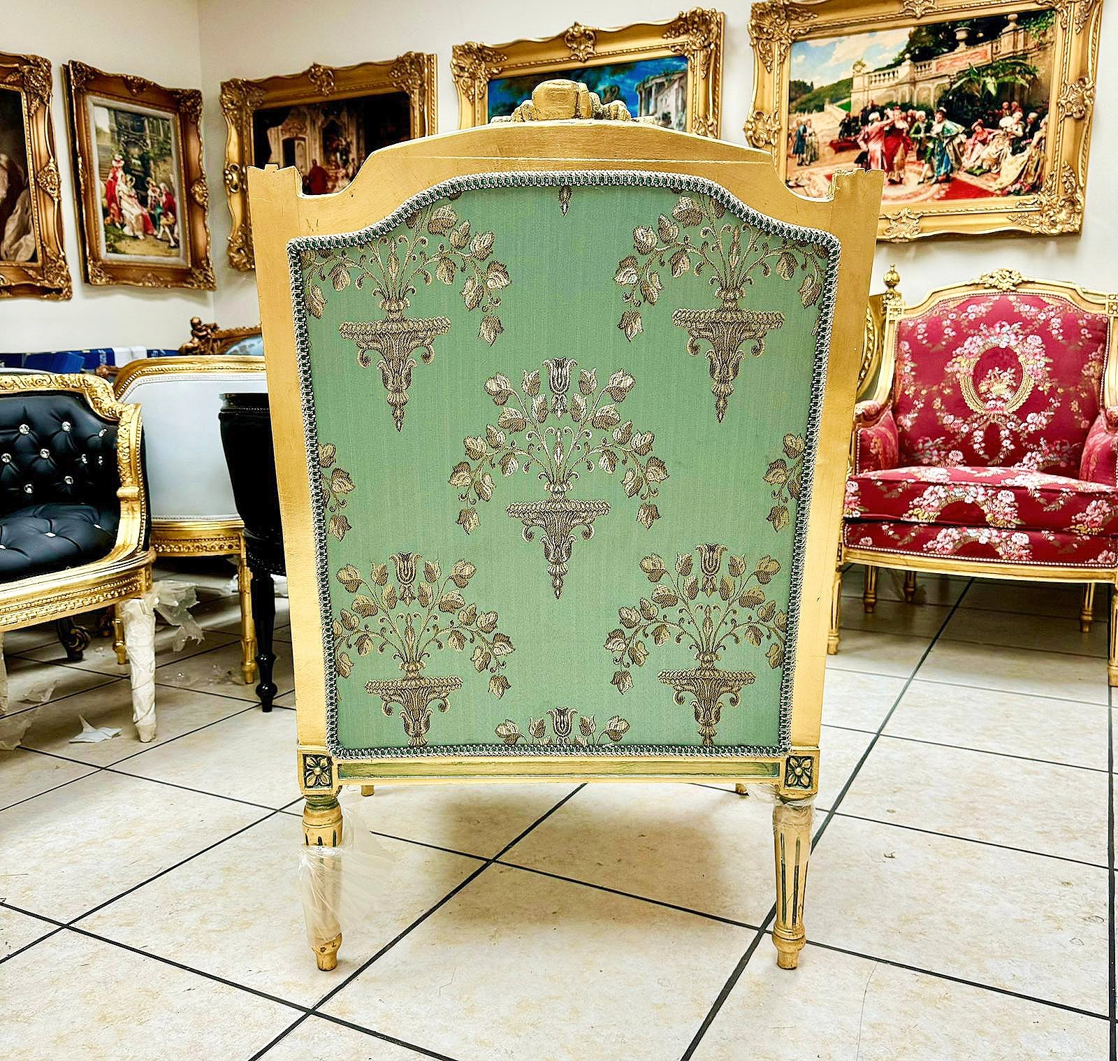 French Louis XV Style Blue Green Bergere Wing Chair with Gold Details
