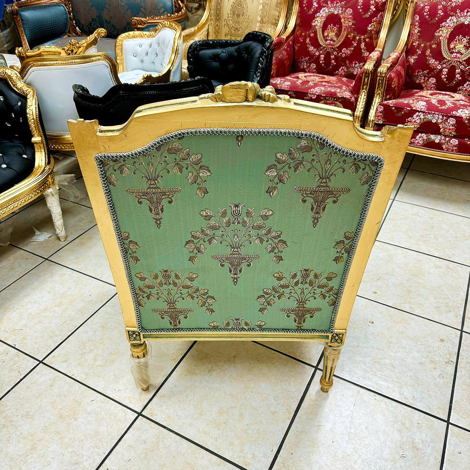 French Louis XV Style Blue Green Bergere Wing Chair with Gold Details
