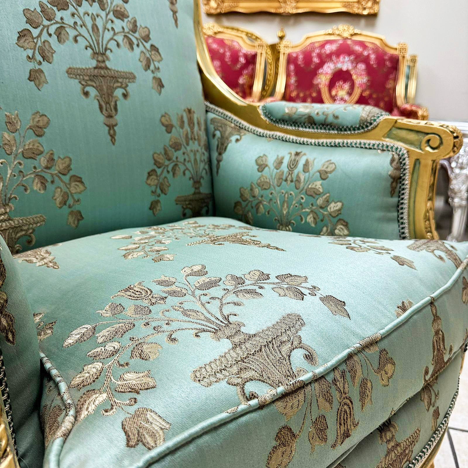 French Louis XV Style Blue Green Bergere Wing Chair with Gold Details