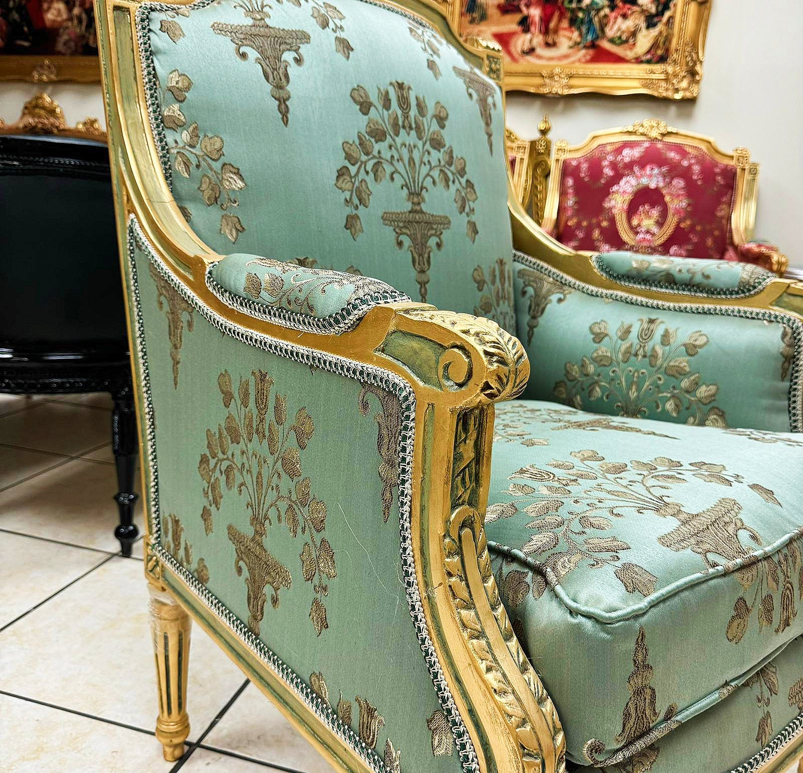 French Louis XV Style Blue Green Bergere Wing Chair with Gold Details