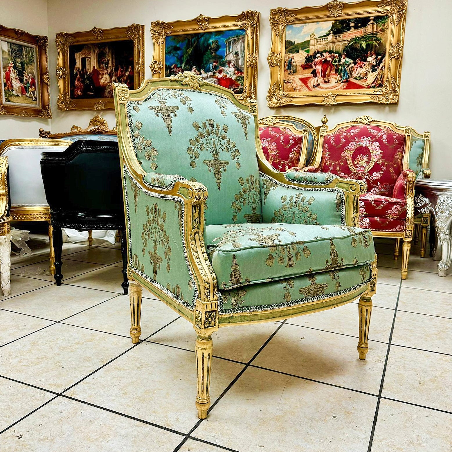 French Louis XV Style Blue Green Bergere Wing Chair with Gold Details
